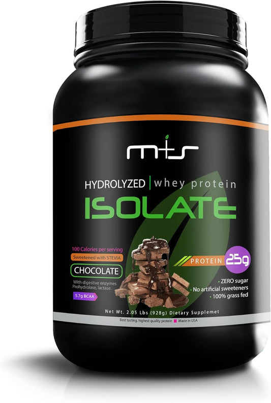 Grass-Fed Hydrolyzed Whey Protein Isolate Powder - Gluten-Free, Fast Absorbing, Easy to Digest, Stevia Sweetened - Chocolate Flavor - 2.05 Lb