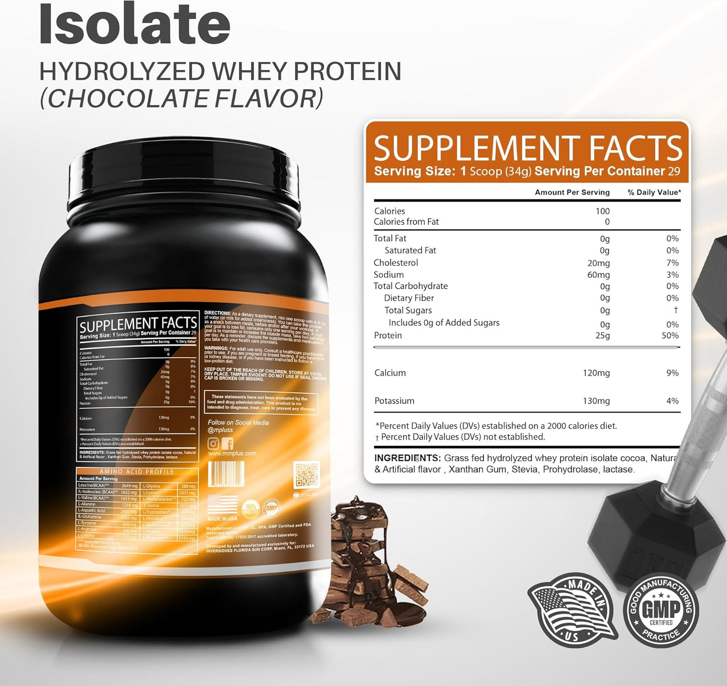Grass-Fed Hydrolyzed Whey Protein Isolate Powder - Gluten-Free, Fast Absorbing, Easy to Digest, Stevia Sweetened - Chocolate Flavor - 2.05 Lb
