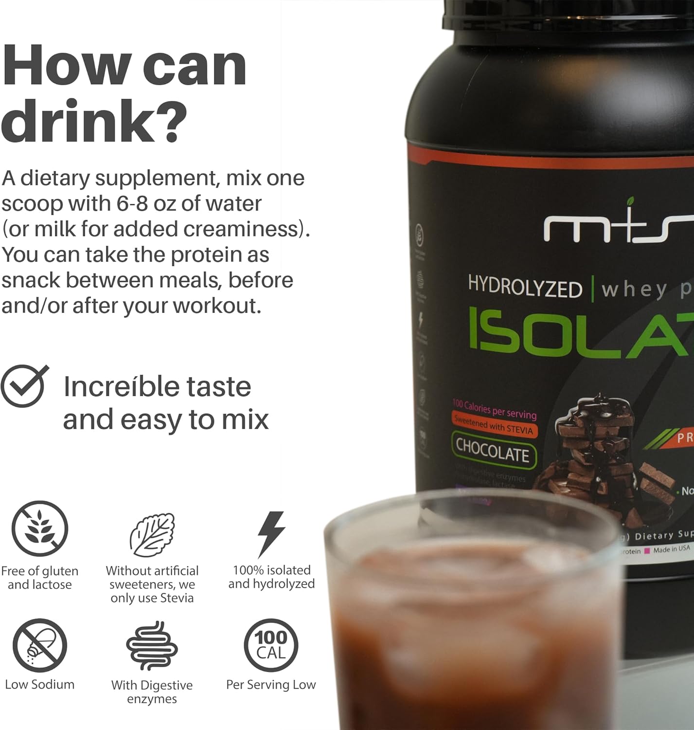 Grass-Fed Hydrolyzed Whey Protein Isolate Powder - Gluten-Free, Fast Absorbing, Easy to Digest, Stevia Sweetened - Chocolate Flavor - 2.05 Lb