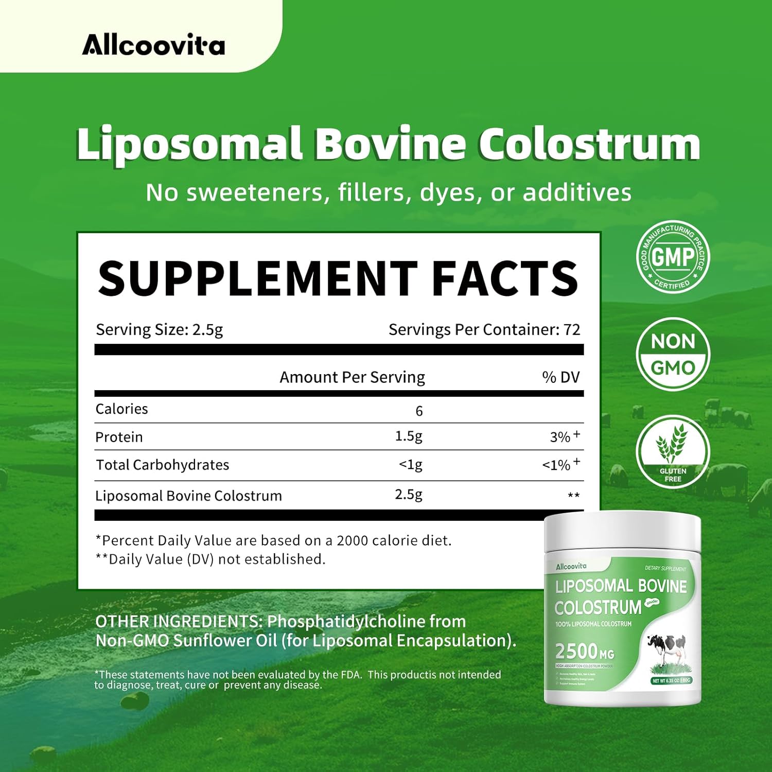 Grass Fed Liposomal Bovine Colostrum Powder - Premium Supplement for Gut Support, Immune Health, and Hair Growth - 72 Servings, 180g/6.35 oz Bottle
