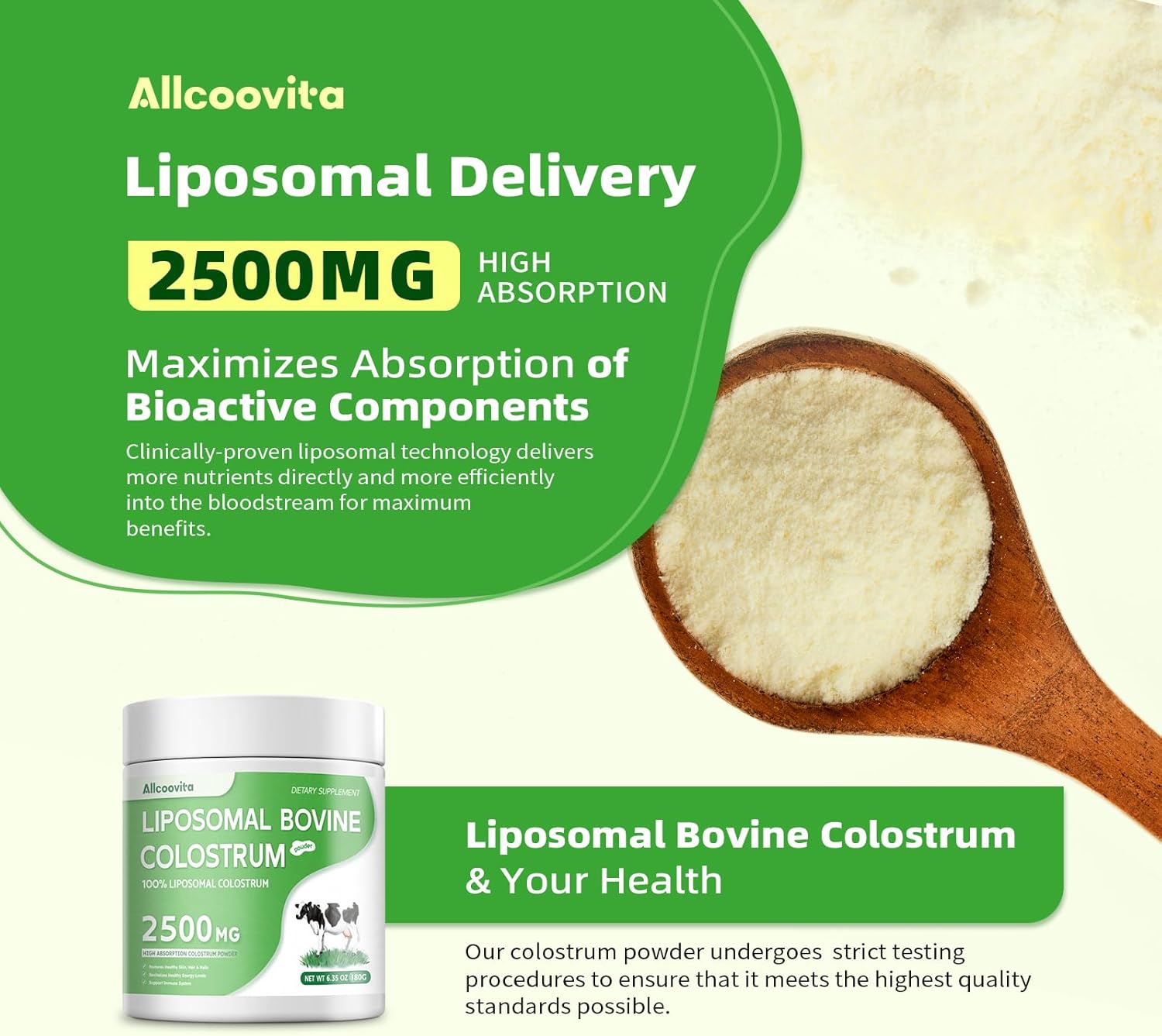 Grass Fed Liposomal Bovine Colostrum Powder - Premium Supplement for Gut Support, Immune Health, and Hair Growth - 72 Servings, 180g/6.35 oz Bottle
