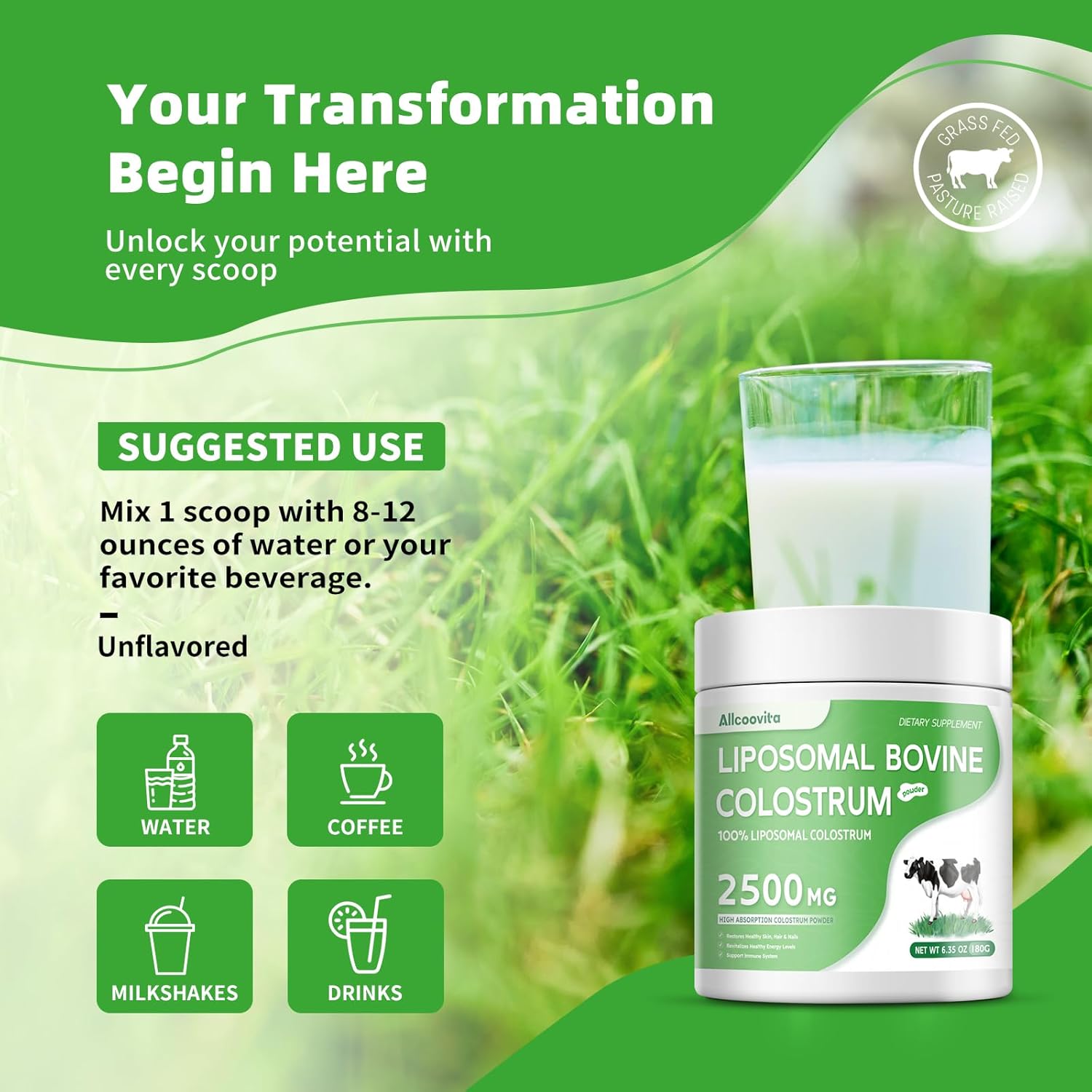 Grass Fed Liposomal Bovine Colostrum Powder - Premium Supplement for Gut Support, Immune Health, and Hair Growth - 72 Servings, 180g/6.35 oz Bottle