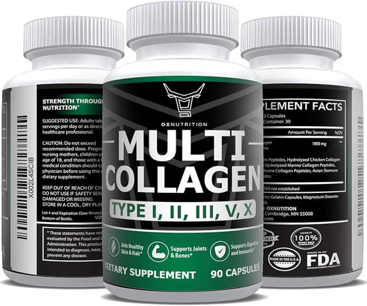 Grass-Fed Multi Collagen Capsules for Hair, Skin, Nail, Joint Health - Type I, II, III, V, X - Non-GMO Hydrolyzed Supplement - 90 Capsules