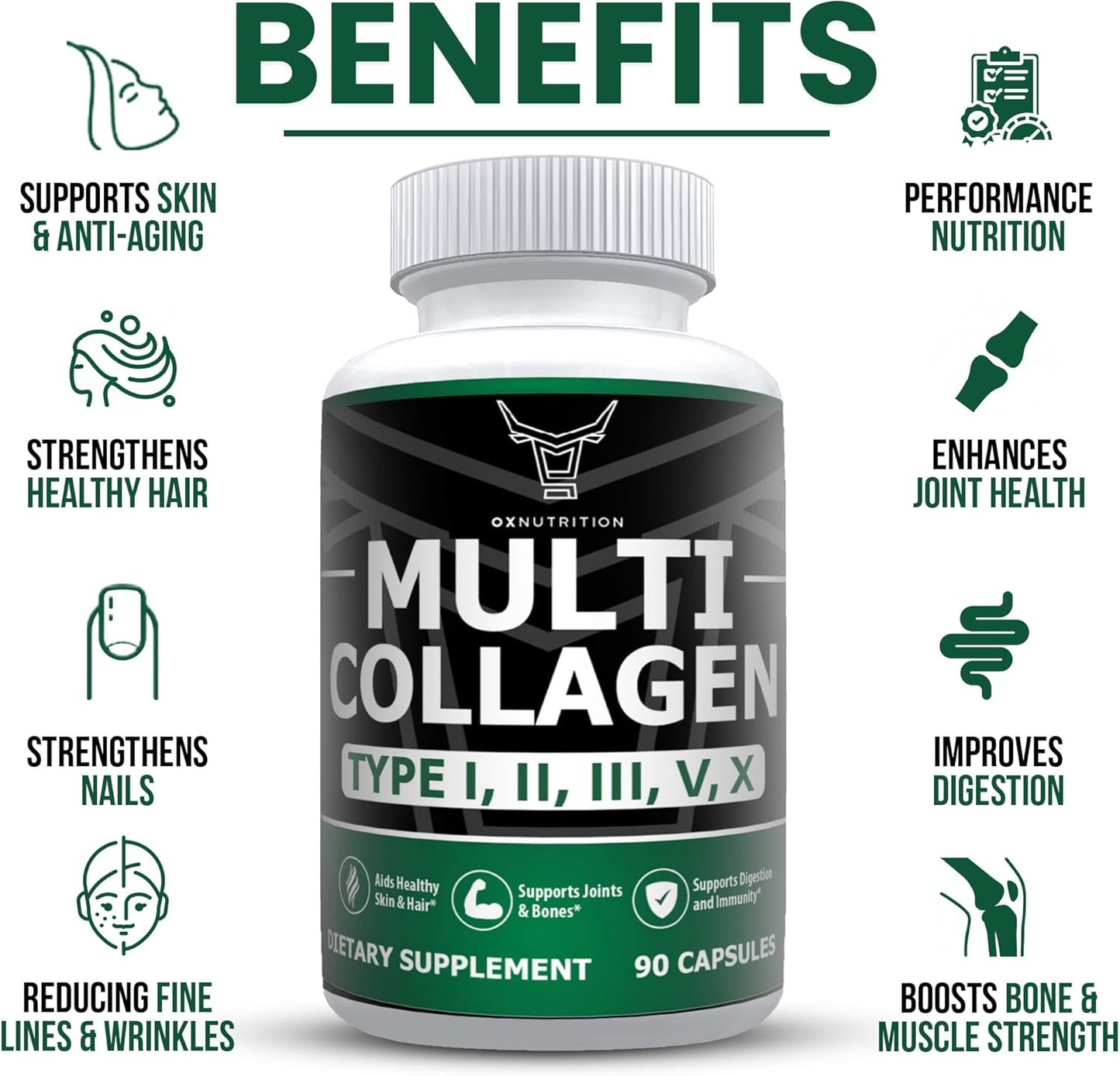 Grass-Fed Multi Collagen Capsules for Hair, Skin, Nail, Joint Health - Type I, II, III, V, X - Non-GMO Hydrolyzed Supplement - 90 Capsules
