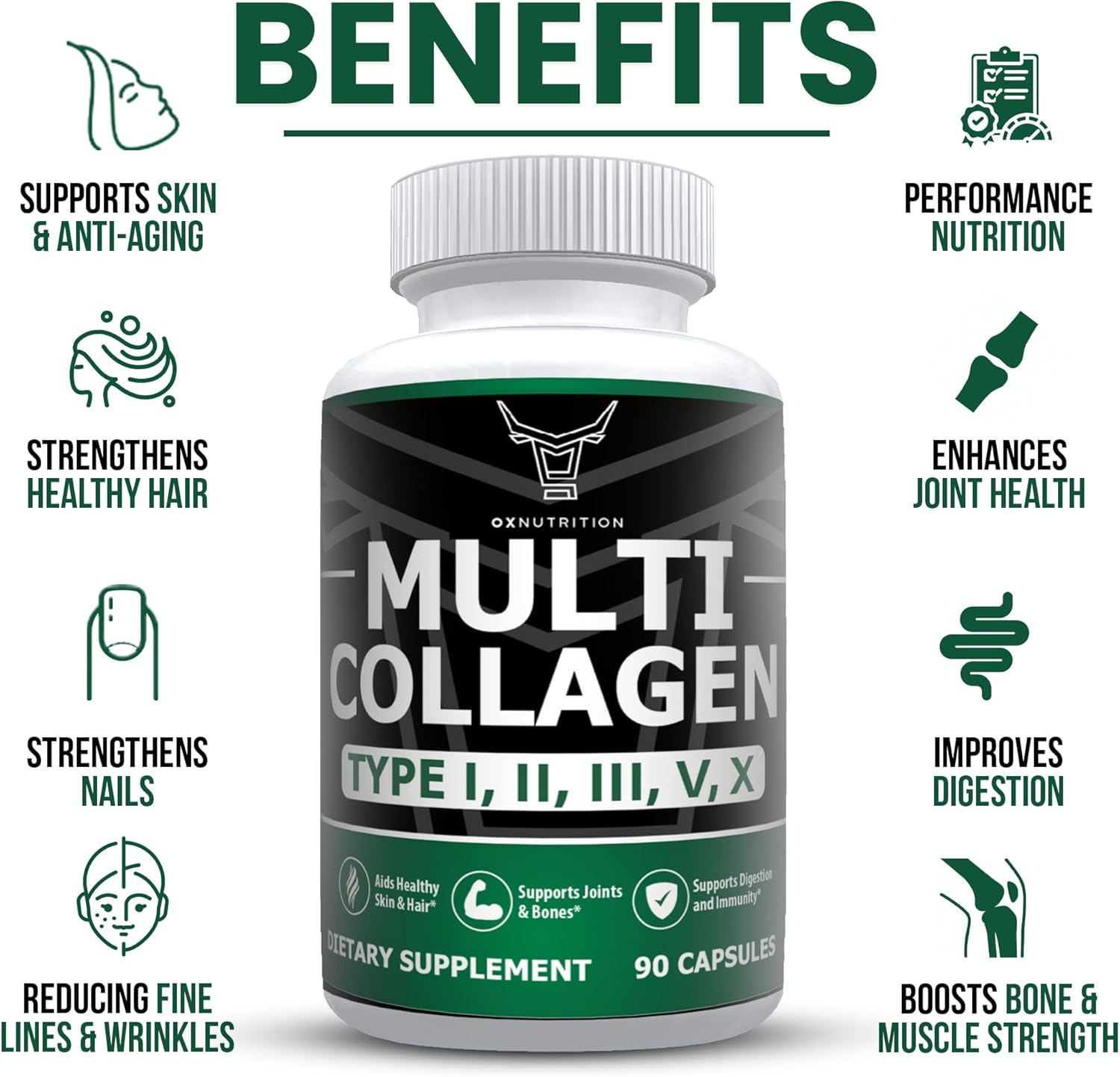 Grass-Fed Multi Collagen Capsules for Hair, Skin, Nail, Joint Health - Type I, II, III, V, X - Non-GMO Hydrolyzed Supplement - 90 Capsules