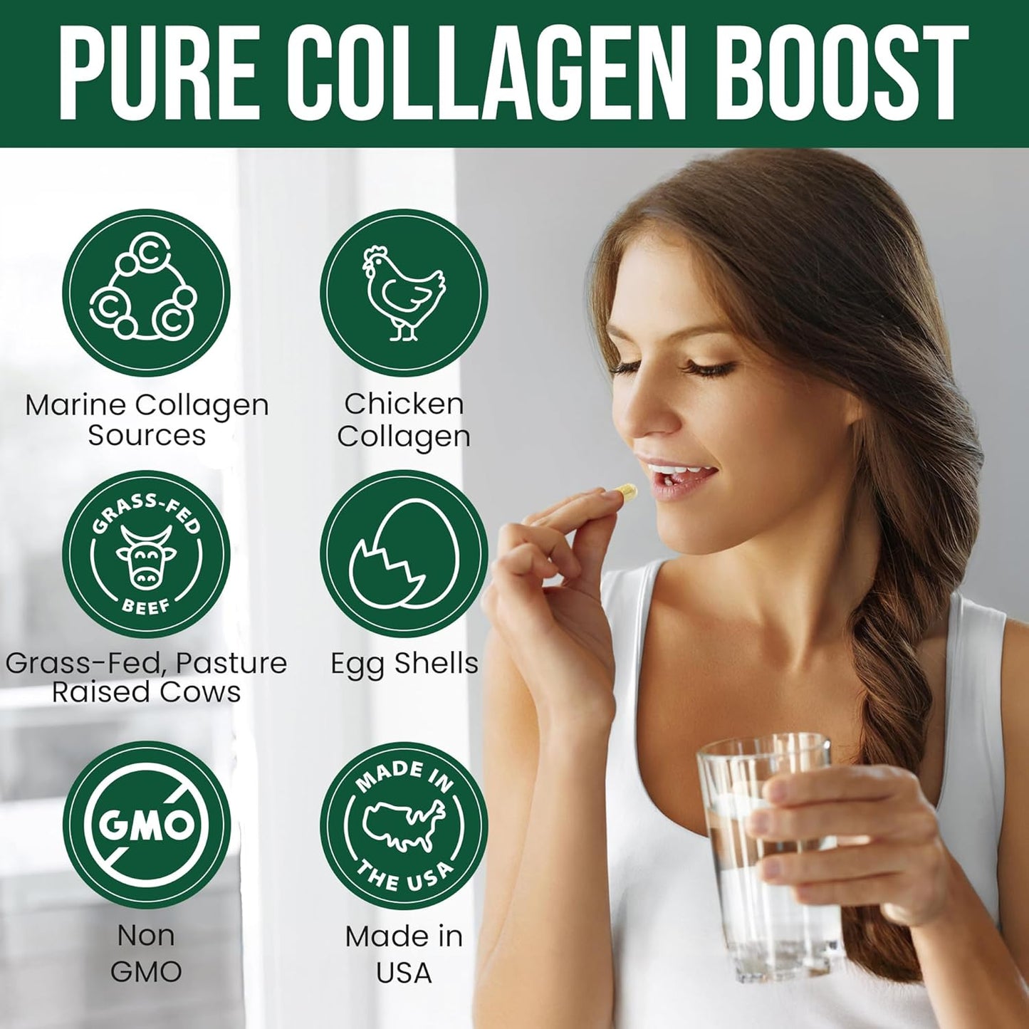 Grass-Fed Multi Collagen Capsules for Hair, Skin, Nail, Joint Health - Type I, II, III, V, X - Non-GMO Hydrolyzed Supplement - 90 Capsules