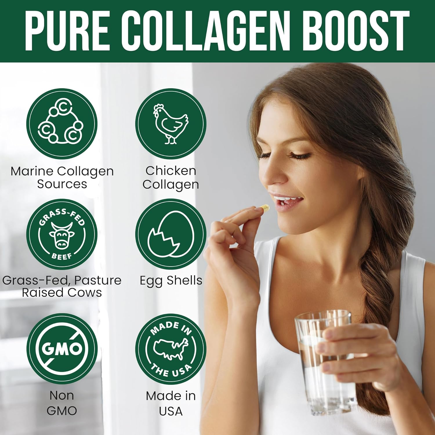 Grass-Fed Multi Collagen Capsules for Hair, Skin, Nail, Joint Health - Type I, II, III, V, X - Non-GMO Hydrolyzed Supplement - 90 Capsules