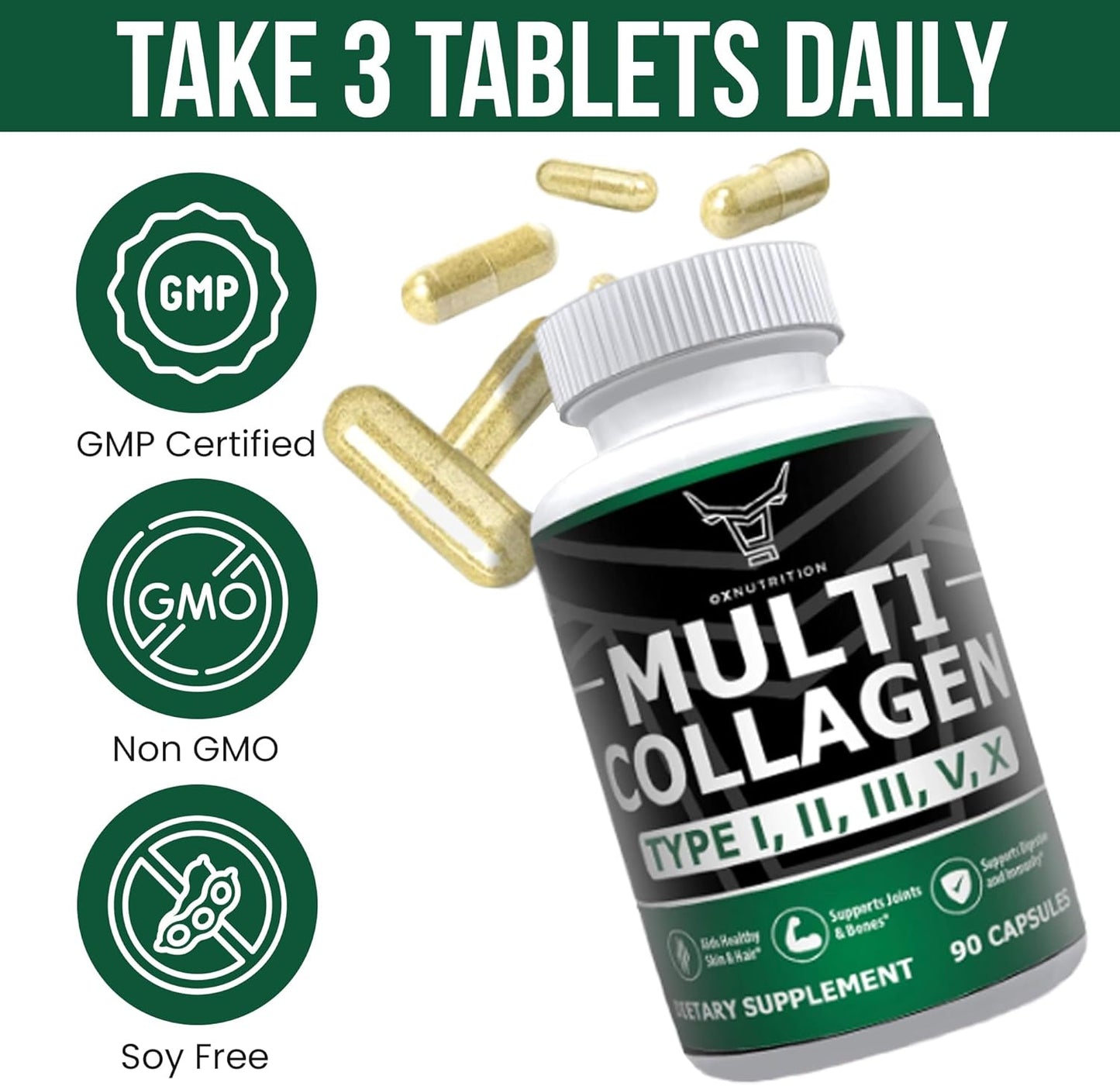 Grass-Fed Multi Collagen Capsules for Hair, Skin, Nail, Joint Health - Type I, II, III, V, X - Non-GMO Hydrolyzed Supplement - 90 Capsules