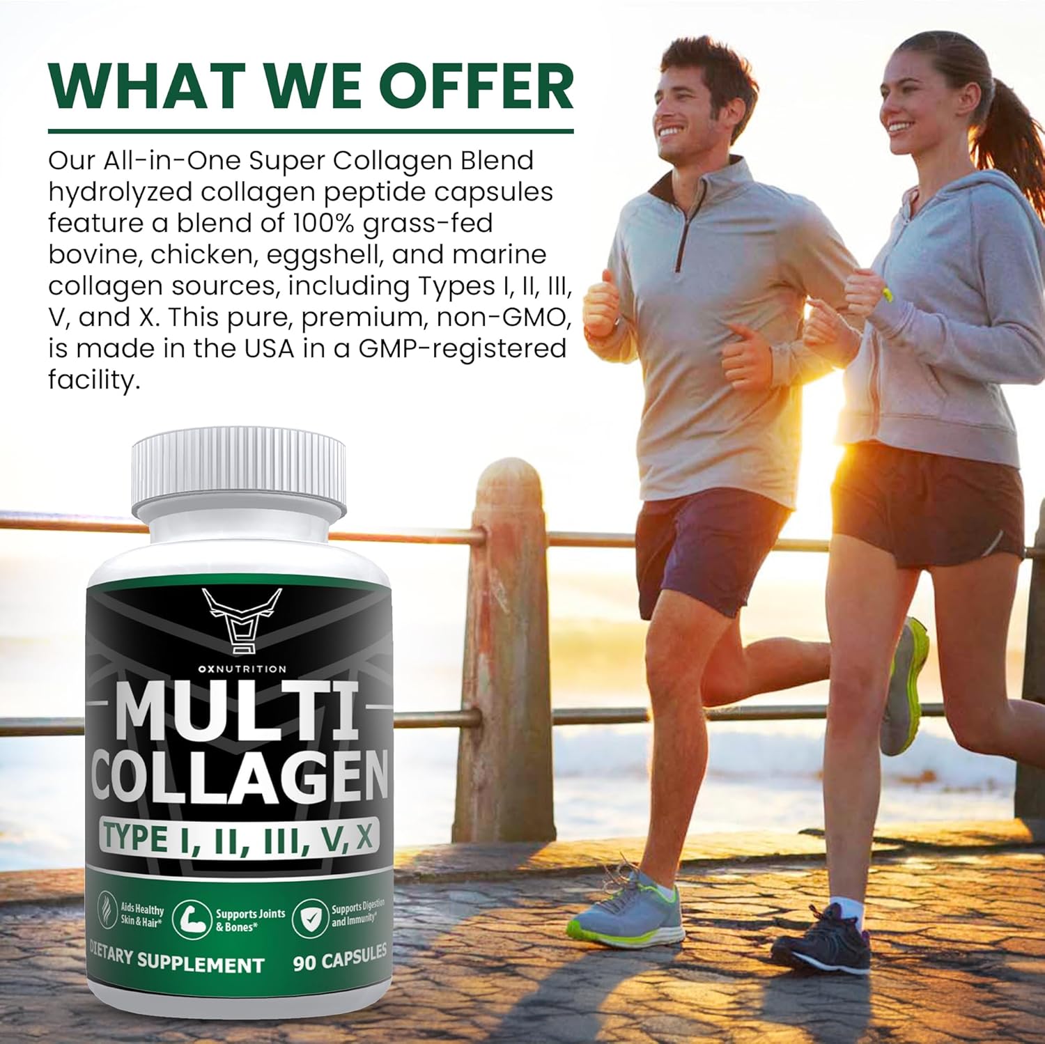 Grass-Fed Multi Collagen Capsules for Hair, Skin, Nail, Joint Health - Type I, II, III, V, X - Non-GMO Hydrolyzed Supplement - 90 Capsules