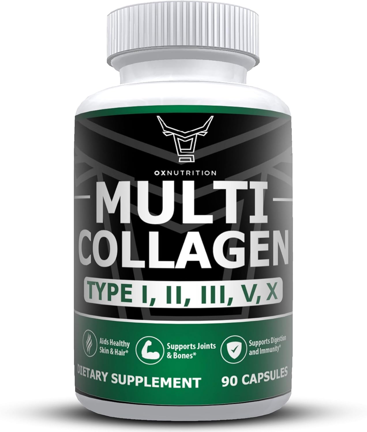 Grass-Fed Multi Collagen Capsules for Hair, Skin, Nail, Joint Health - Type I, II, III, V, X - Non-GMO Hydrolyzed Supplement - 90 Capsules