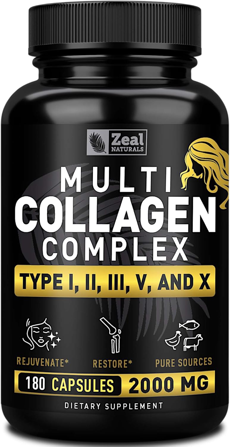 Grass Fed Multi Collagen Peptides Pills (Types Ⅰ,Ⅱ,Ⅲ,Ⅴ,Ⅹ) - 180 Capsules for Hair, Skin, Nails, Joints - Women's Collagen Supplement