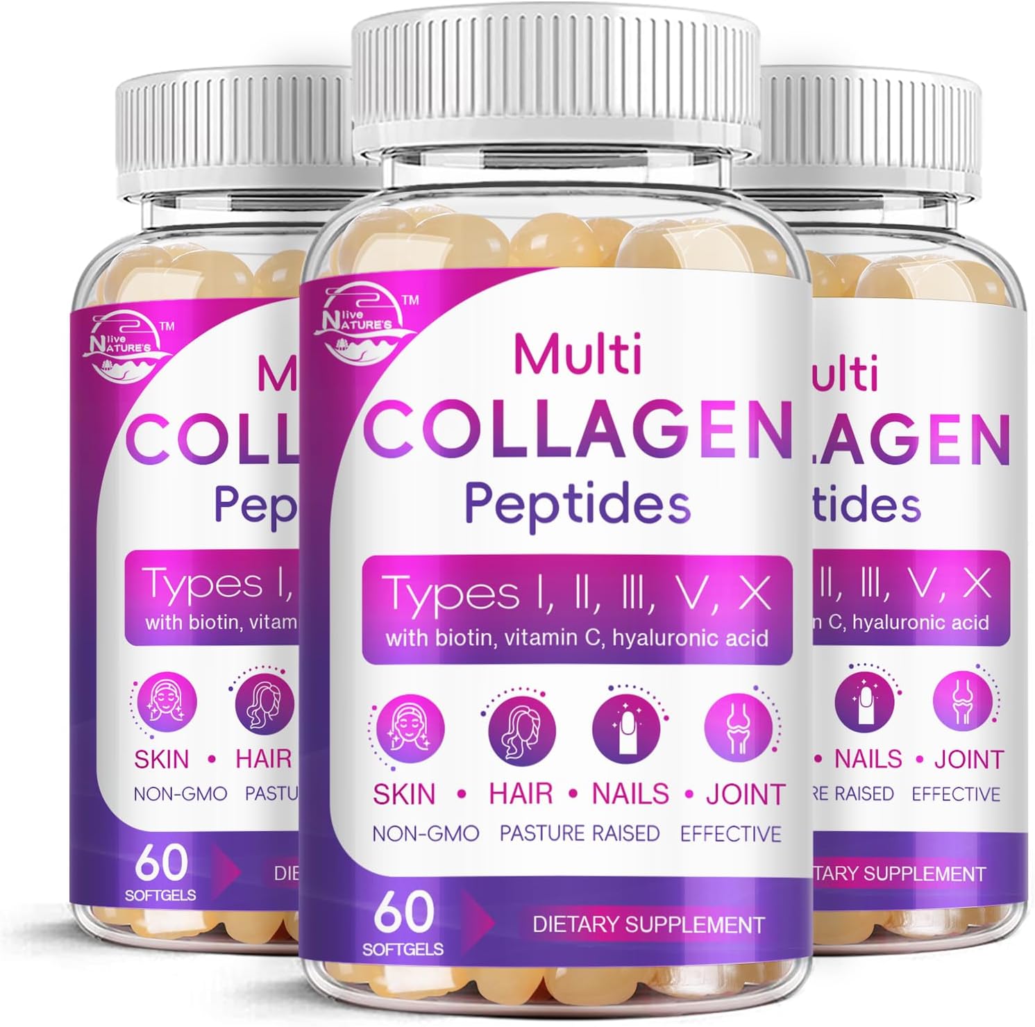Grass-Fed Multi Collagen Peptides Softgel with Biotin & Vitamin C - Supports Skin, Hair, Nails & Joints - 60 Softgel, 3 Pack