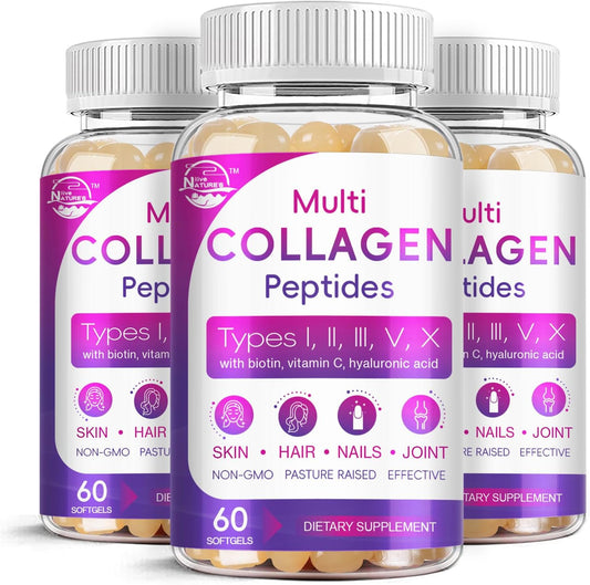 Grass-Fed Multi Collagen Peptides Softgel with Biotin & Vitamin C - Supports Skin, Hair, Nails & Joints - 60 Softgel, 3 Pack