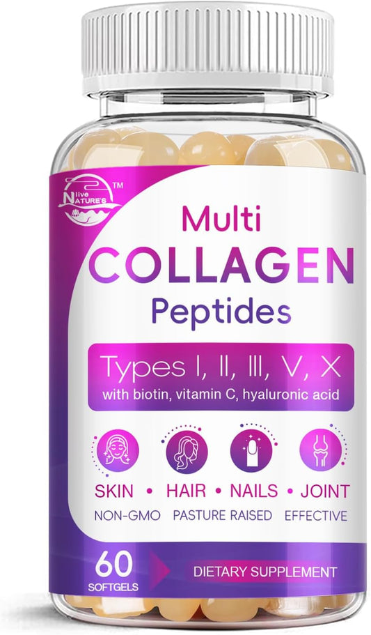 Grass-Fed Multi Collagen Peptides Softgel with Biotin & Vitamin C - 60 Softgel Pack for Skin, Hair, Nails & Joints
