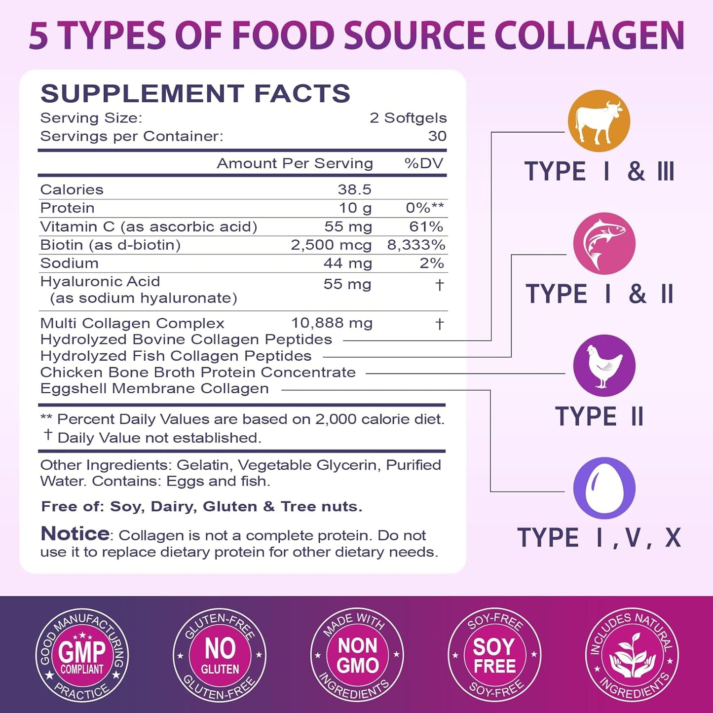Grass-Fed Multi Collagen Peptides Softgel with Biotin & Vitamin C - Supports Skin, Hair, Nails & Joints - 60 Softgel, 3 Pack