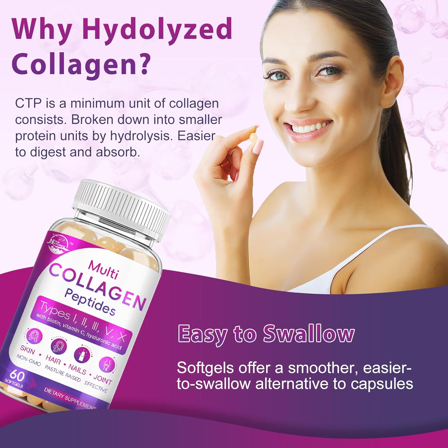 Grass-Fed Multi Collagen Peptides Softgel with Biotin & Vitamin C - Supports Skin, Hair, Nails & Joints - 60 Softgel, 3 Pack