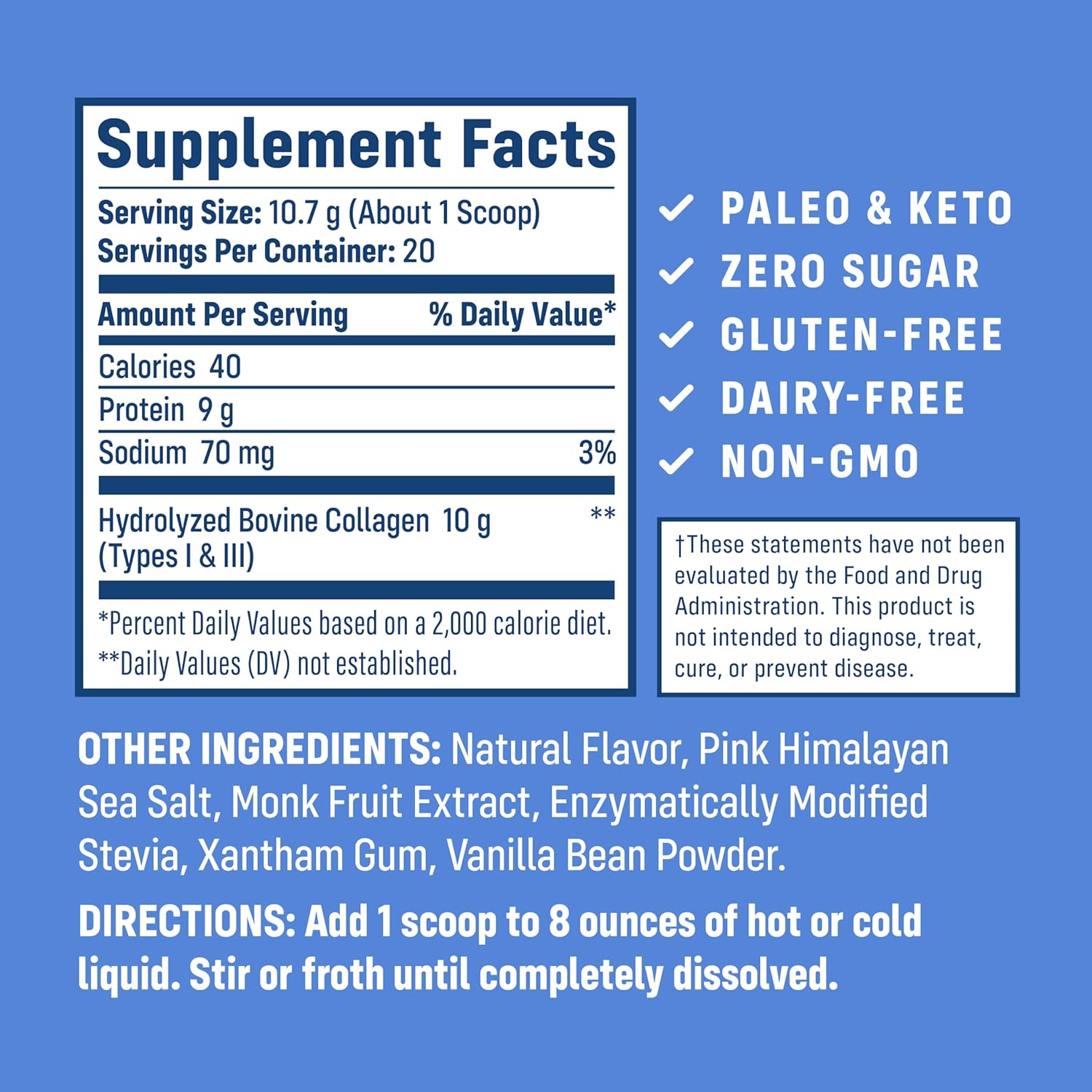 Grass-Fed Vanilla Bean Collagen Peptides: Hydrolyzed Type 1 & 3 Protein Powder for Hair, Skin, Nails, Bones, Joints, Digestion - Keto & Paleo Friendly (214g)
