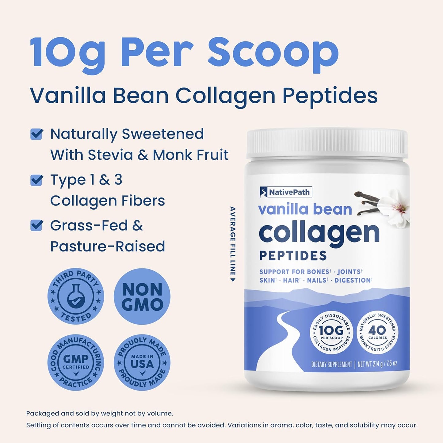 Grass-Fed Vanilla Bean Collagen Peptides: Hydrolyzed Type 1 & 3 Protein Powder for Hair, Skin, Nails, Bones, Joints, Digestion - Keto & Paleo Friendly (214g)