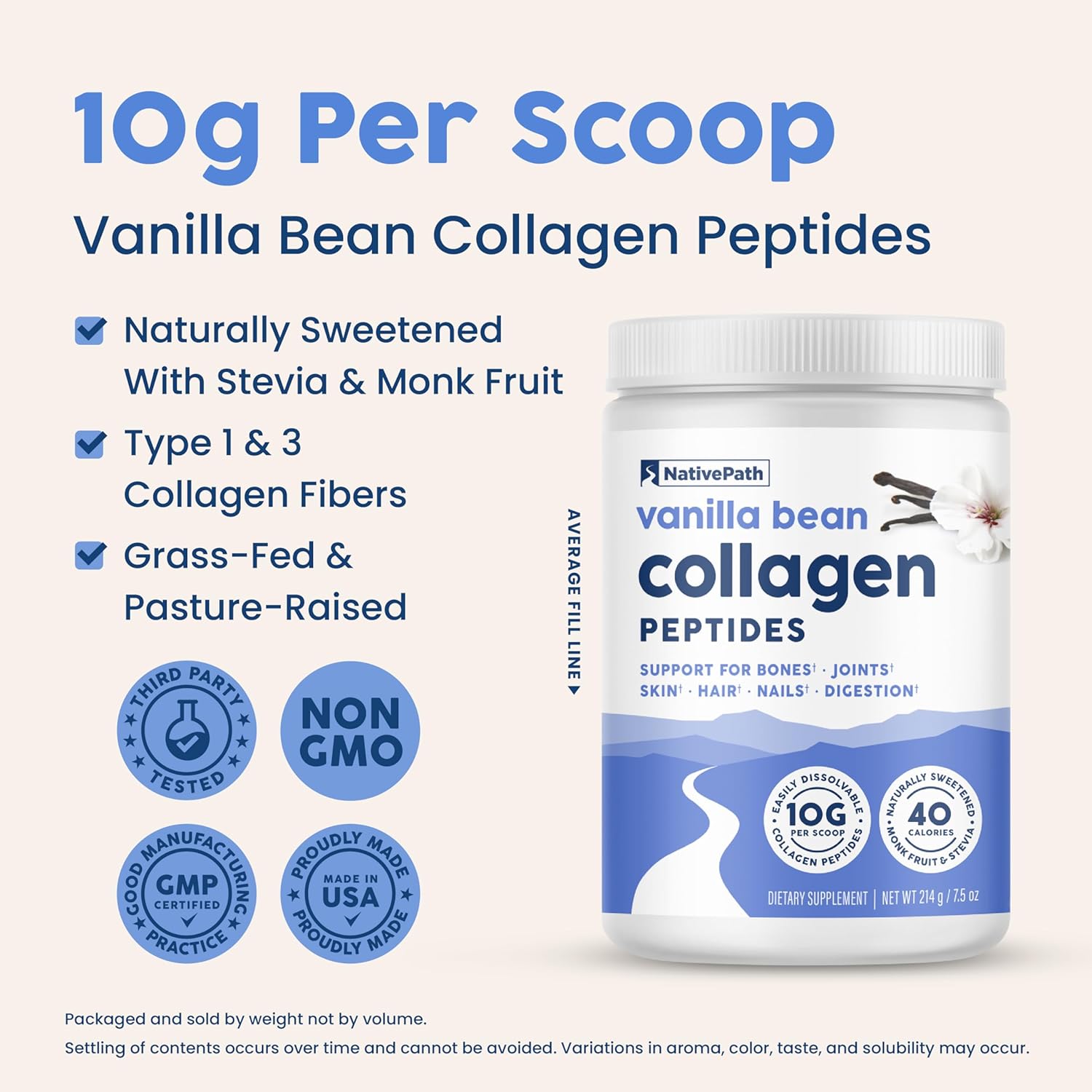 Grass-Fed Vanilla Bean Collagen Peptides: Hydrolyzed Type 1 & 3 Protein Powder for Hair, Skin, Nails, Bones, Joints, Digestion - Keto & Paleo Friendly (214g)