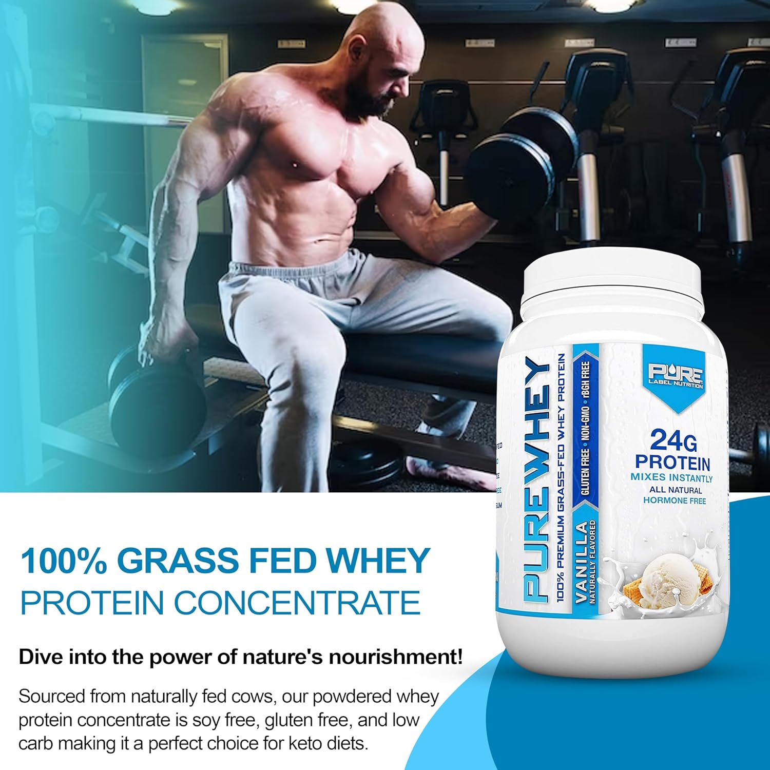 Grass Fed Vanilla Whey Protein Concentrate Powder for Post Workout Recovery & Muscle Building - 2lbs