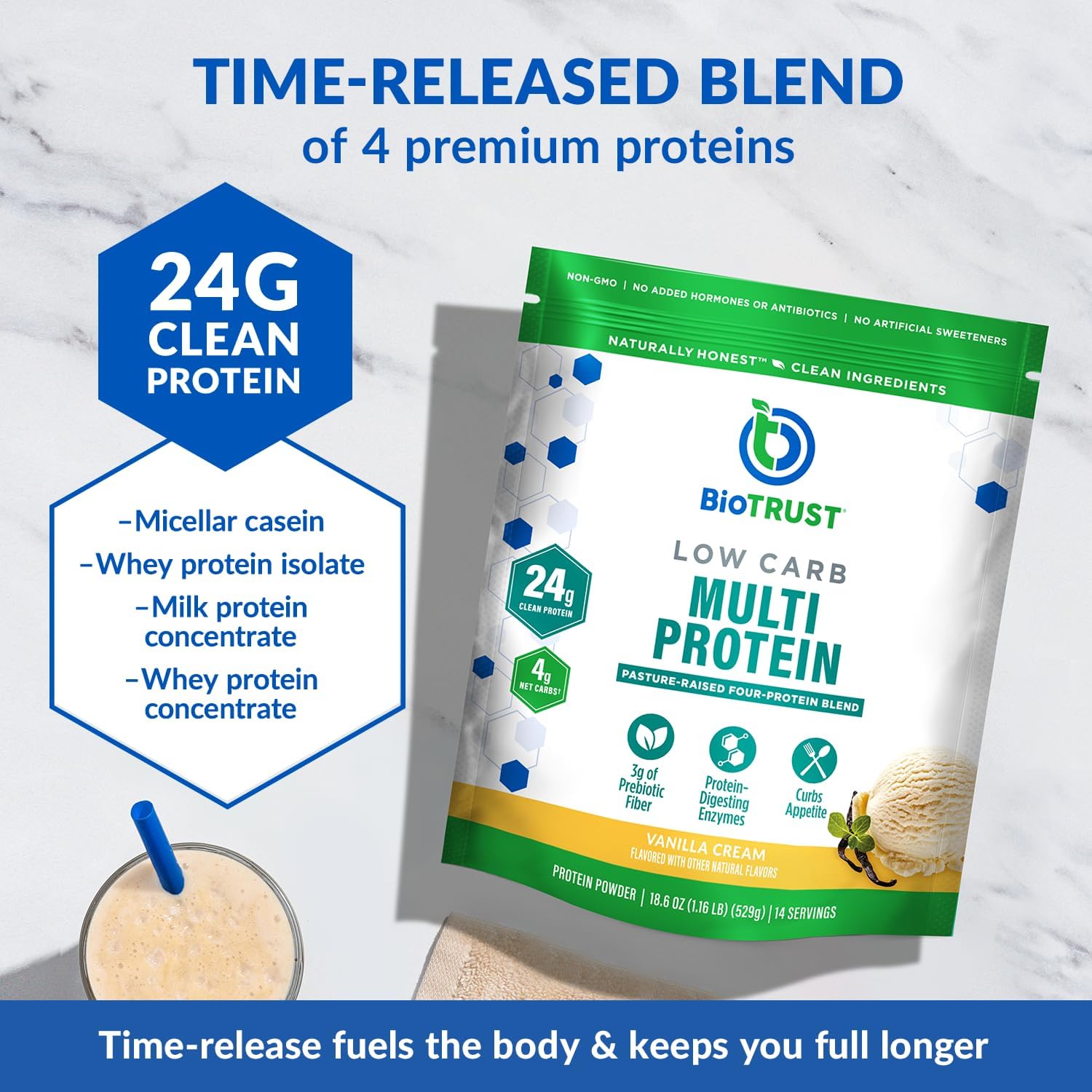 Grass-Fed Whey & Casein Blend Protein Powder - Vanilla Flavor, Non GMO, Soy Free, Gluten Free (3-Pack)
