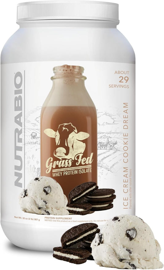 Grass-Fed Whey Isolate Protein Powder - 25g Protein Per Serving - Sugar-Free Muscle Supplement - Ice Cream Cookie Dream Flavor - 2lbs, 29 Servings