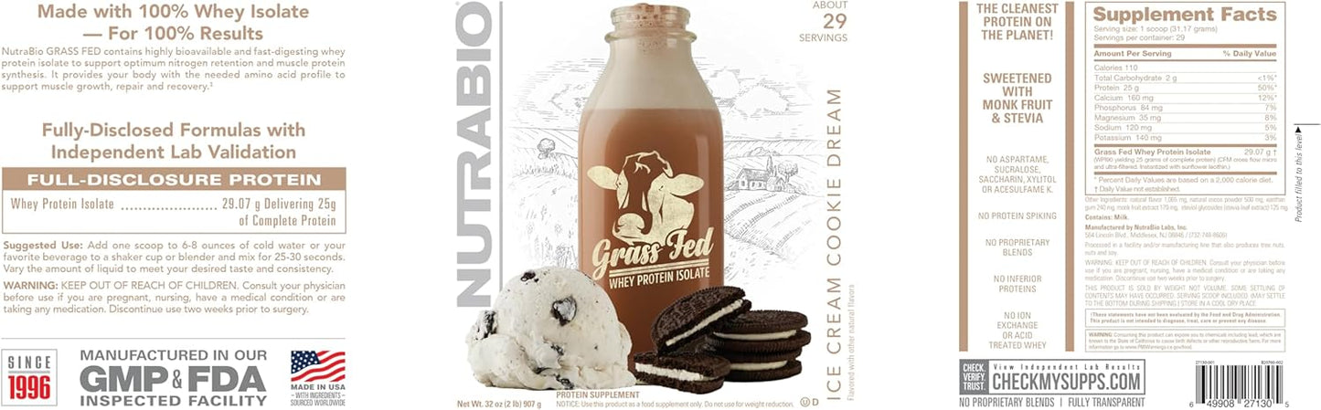 Grass-Fed Whey Isolate Protein Powder - 25g Protein Per Serving - Sugar-Free Muscle Supplement - Ice Cream Cookie Dream Flavor - 2lbs, 29 Servings