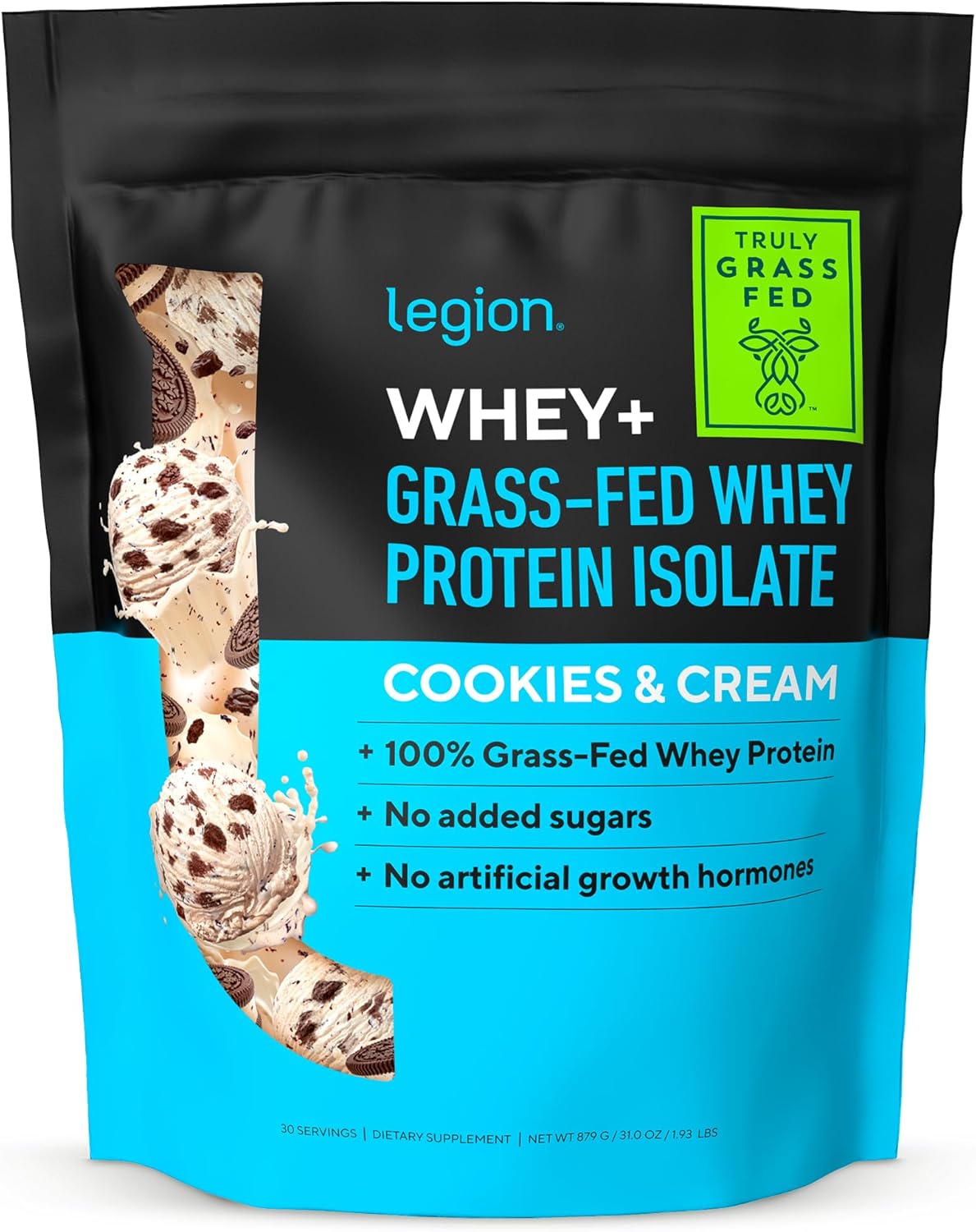 Grass-Fed Whey Isolate Protein Powder - Low Carb, Low Calorie, Non-GMO, Lactose-Free - Cookie & Cream Flavor - 30 Servings