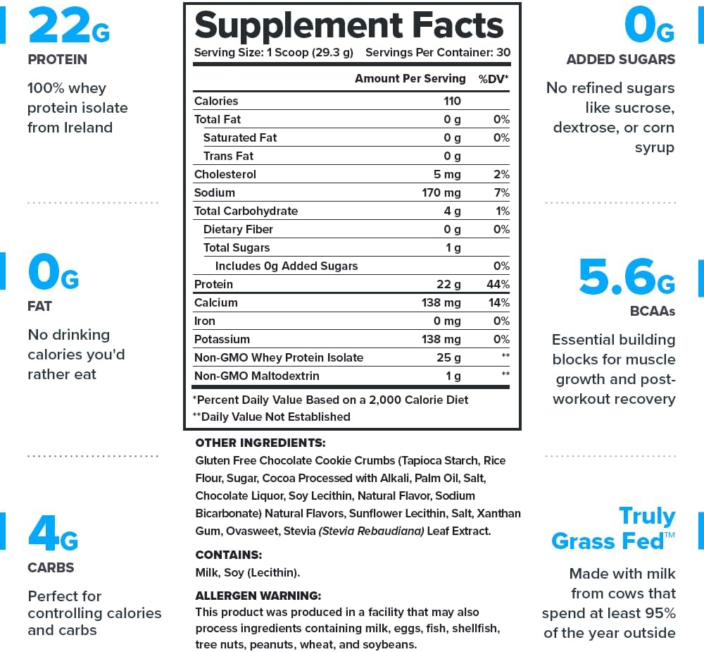 Grass-Fed Whey Isolate Protein Powder - Low Carb, Low Calorie, Non-GMO, Lactose-Free - Cookie & Cream Flavor - 30 Servings