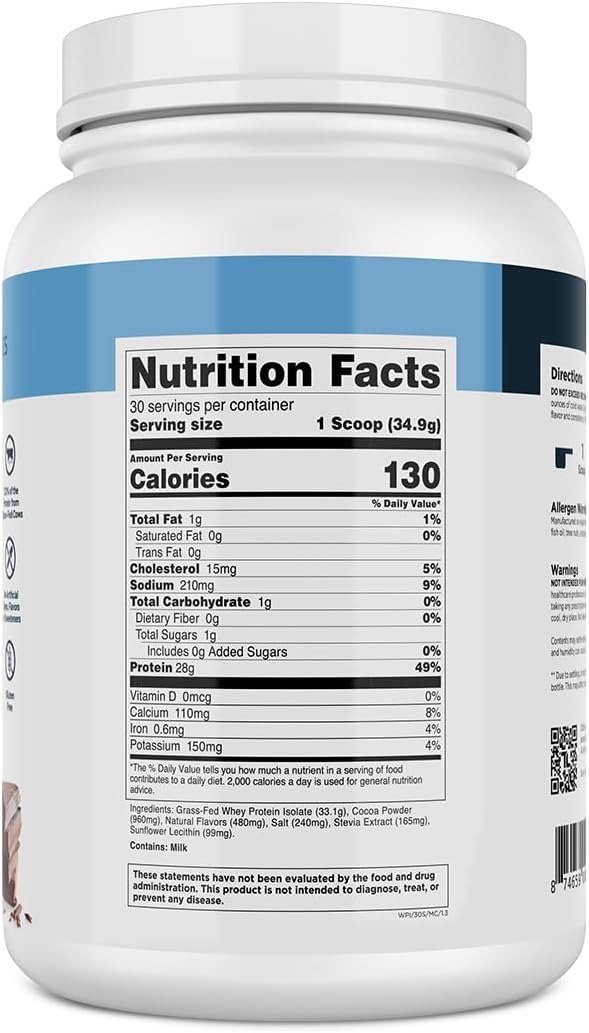 Grass-Fed Whey Protein Isolate - 28g of Protein per Serving, 9 Amino Acids, Gluten Free, Naturally Flavored - 30 Servings, Milk Chocolate