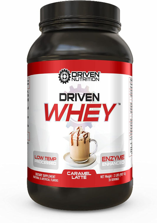 Grass Fed Whey Protein Powder - Caramel Latte Flavor - Improve Muscle Recovery with 23g Protein, BCAA, Digestive Enzymes - Clean & Delicious Shake by Driven Nutrition (2 lb)