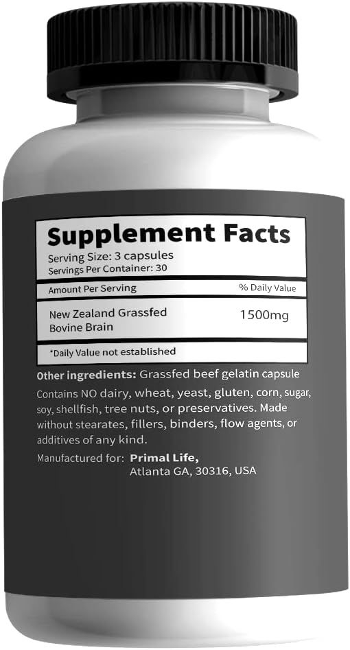 Grassfed Beef Brain Capsules for Memory, Mood, Focus, Energy - 90 Caps, 1500mg