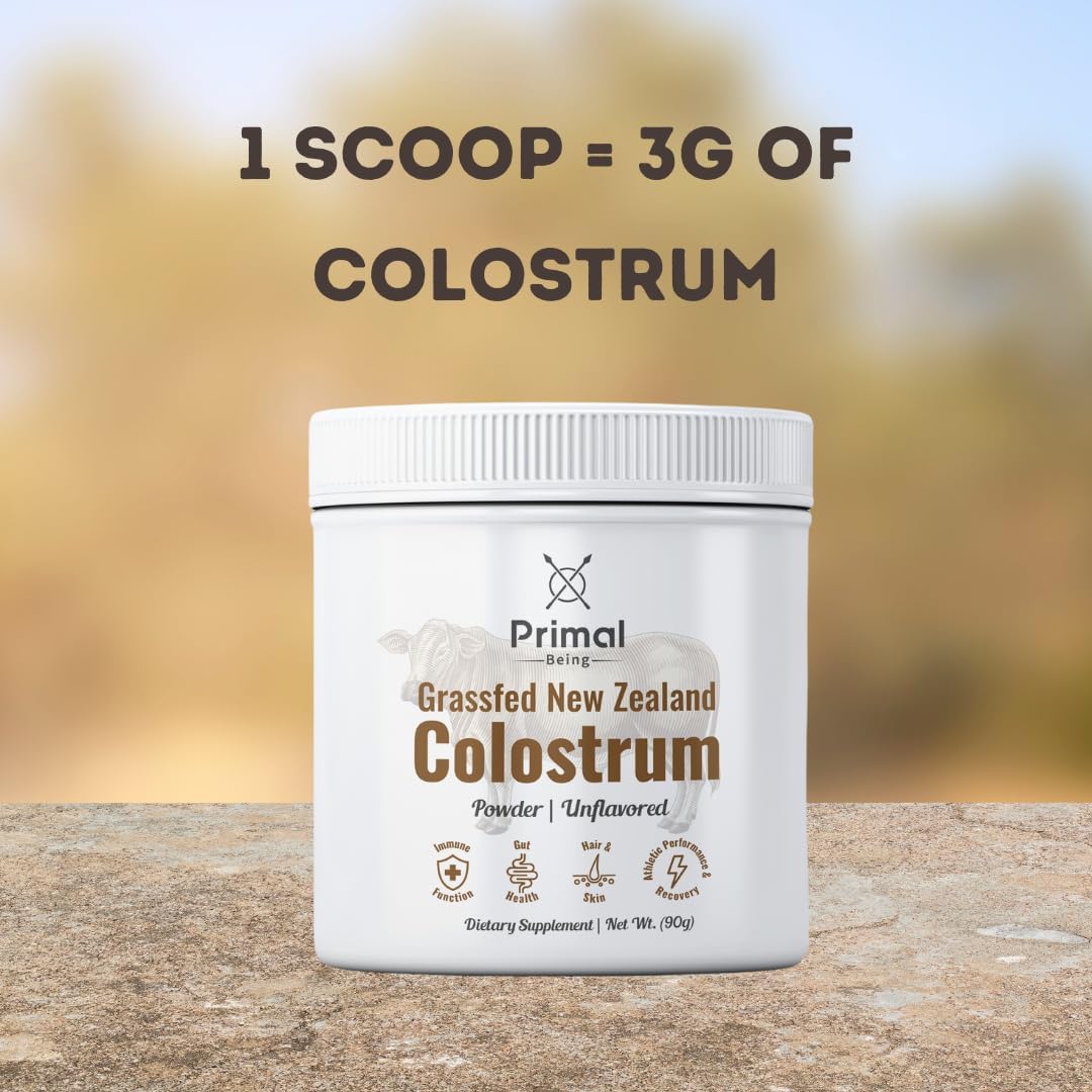 Grassfed Beef Colostrum Powder - Supports Immune Function, Gut Health, Hair, Anti-Aging, Athletic Performance, Recovery - 90g, 3000mg/Serving