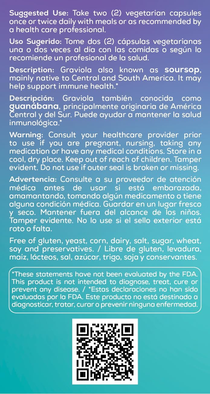 Graviola (Soursop) 60 Vegetarian Capsules - 1,500mg | Immune Support, Antioxidant, Digestive Benefits