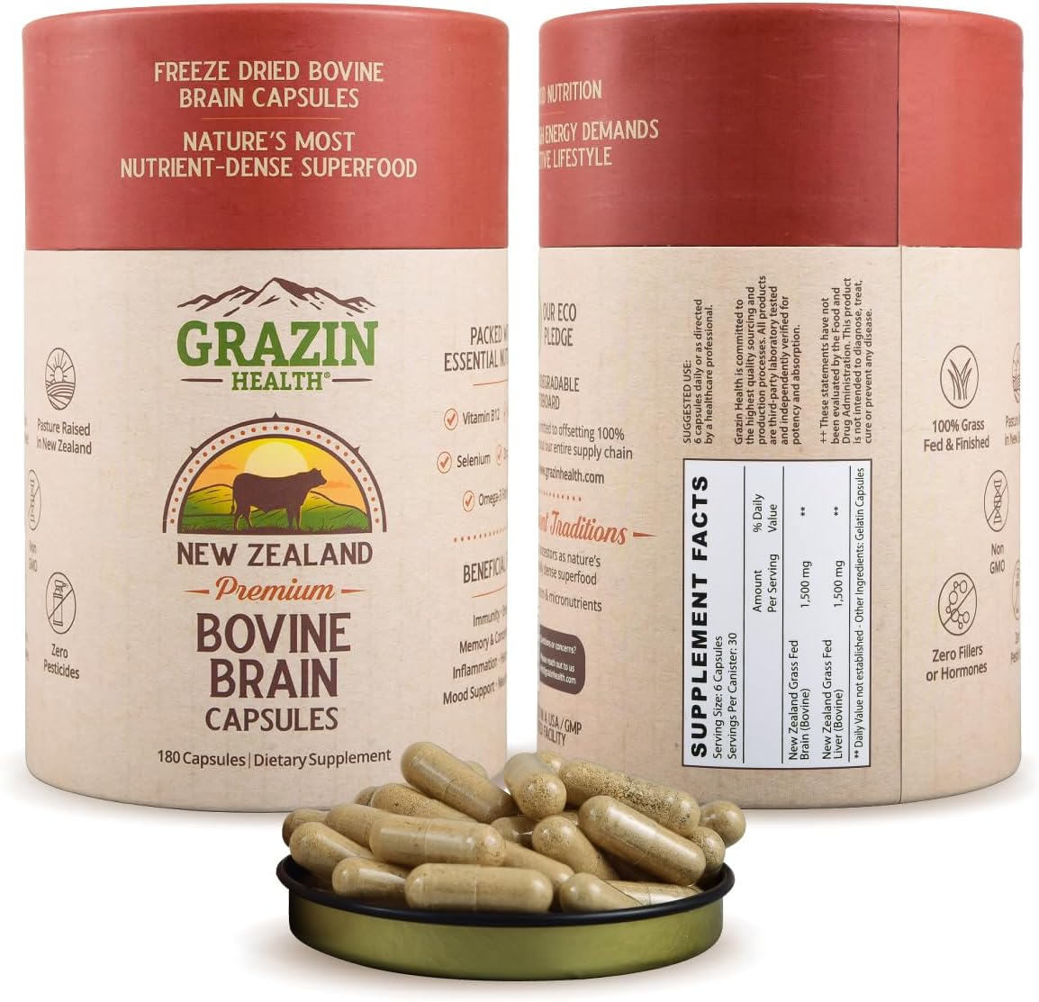 GRAZIN HEALTH Beef Brain Supplement: 1500 Mg Per Serving (30 Servings)