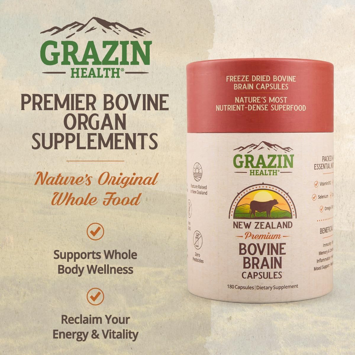 GRAZIN HEALTH Beef Brain Supplement: 1500 Mg Per Serving (30 Servings)