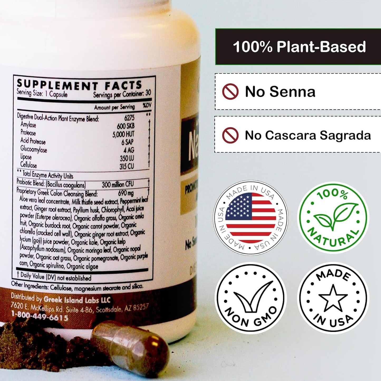 Greek Island Labs Natural Colon Cleanse Supplements - 30 Capsules for At-Home Colon Detox - Combat Gas, Bloating, Constipation, Diarrhea - Enhance Digestive Health