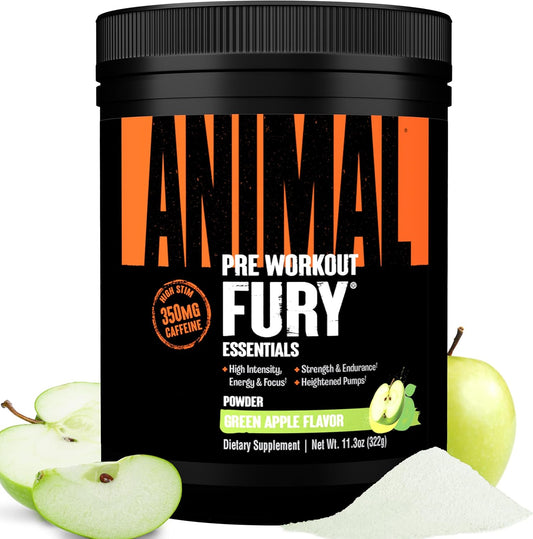 Green Apple Animal Fury Pre Workout Powder - Energy and Focus Supplement with BCAAs, Caffeine, and Beta-Alanine - 20 Servings