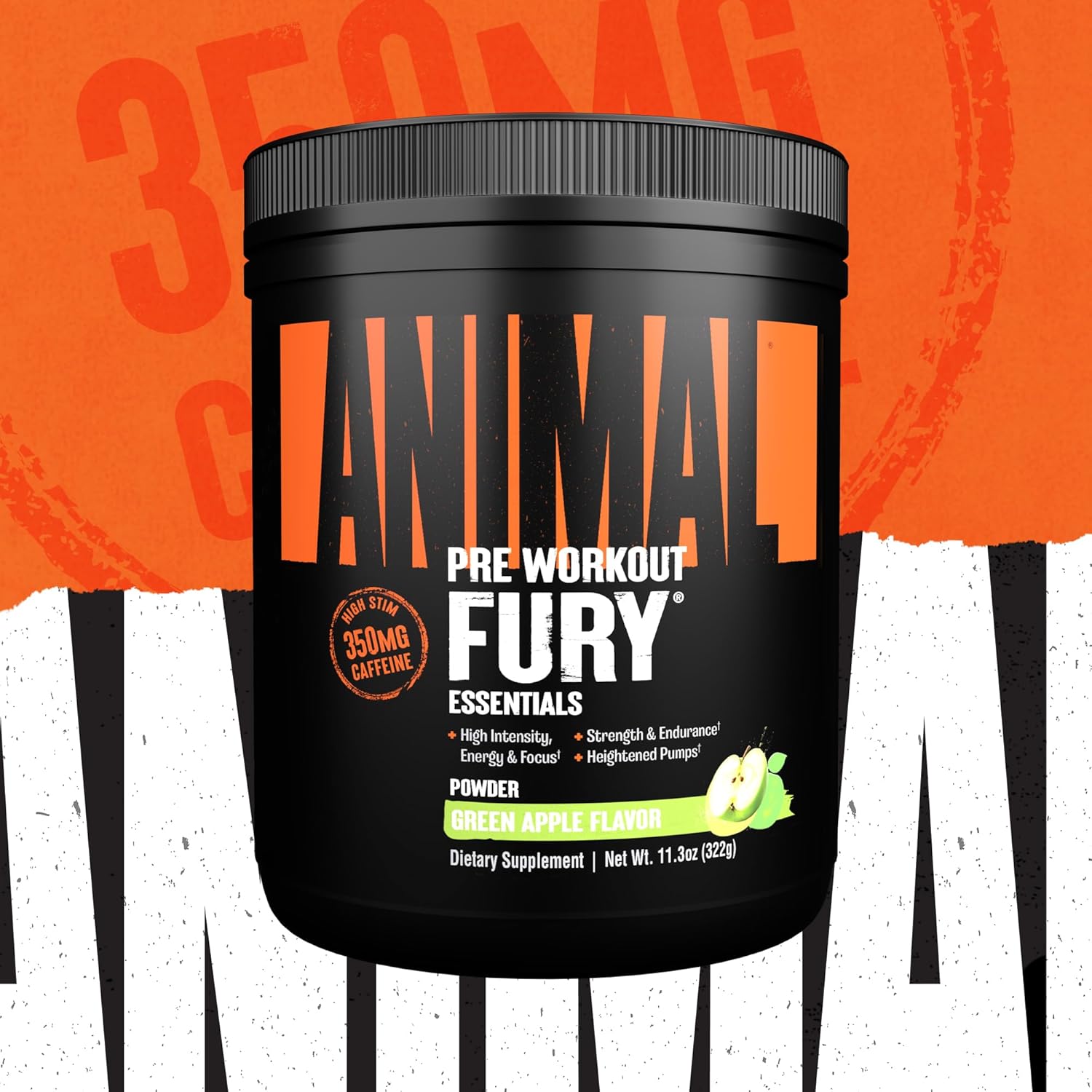 Green Apple Animal Fury Pre Workout Powder - Energy and Focus Supplement with BCAAs, Caffeine, and Beta-Alanine - 20 Servings