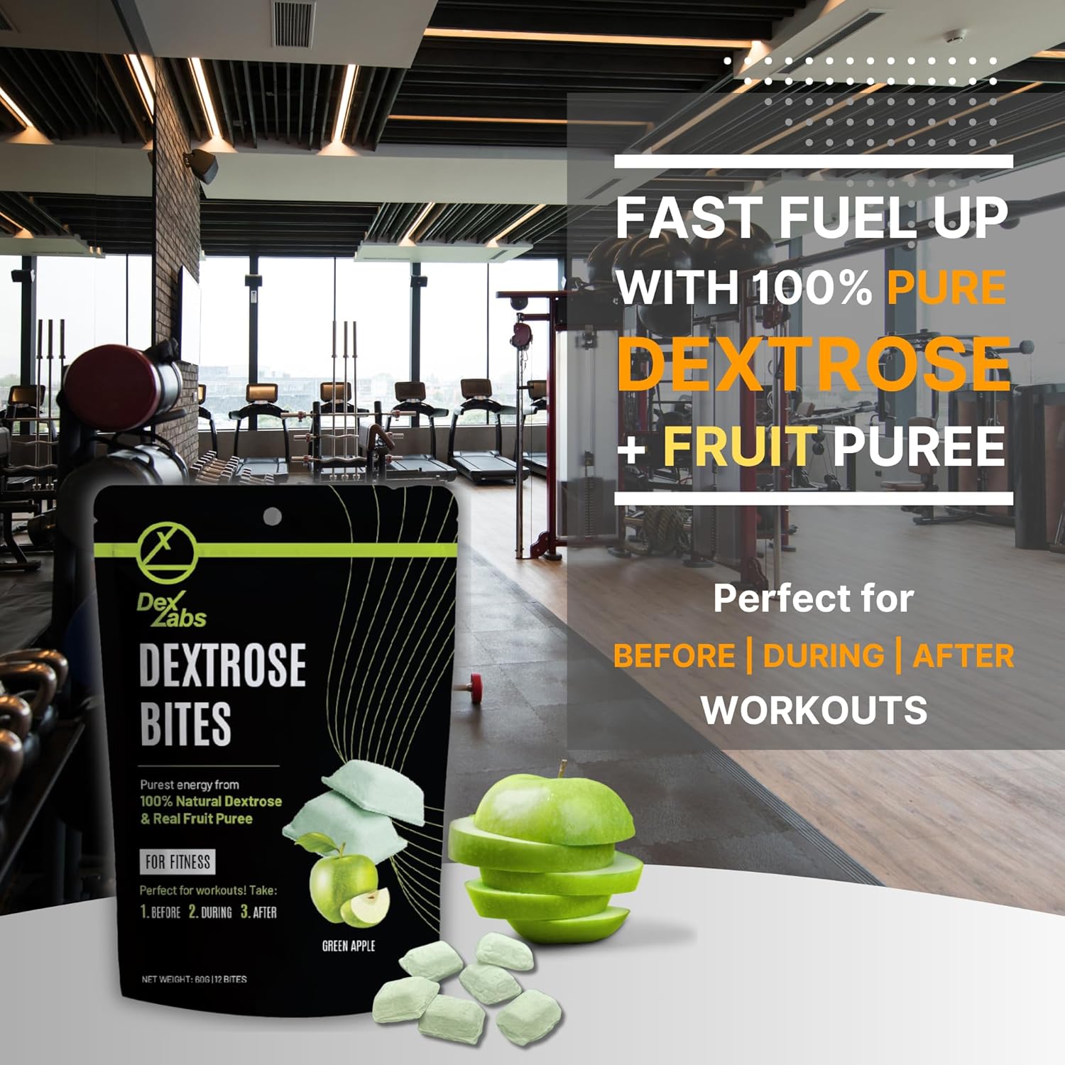 Green Apple Flavour Dextrose Bites - Portable Energy Snacks for Workout - Glucose Tablets with Dextrose Powder - Convenient Melts for Running Energy - Pack of 01