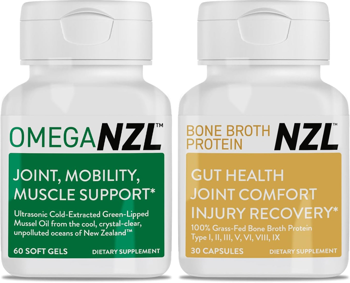 Green-Lipped Mussel Oil Joint Support with Bone Broth Protein - Natural Omega-3 Supplement for Joint Relief and Muscle Support, 60 Softgels + 30 Capsules