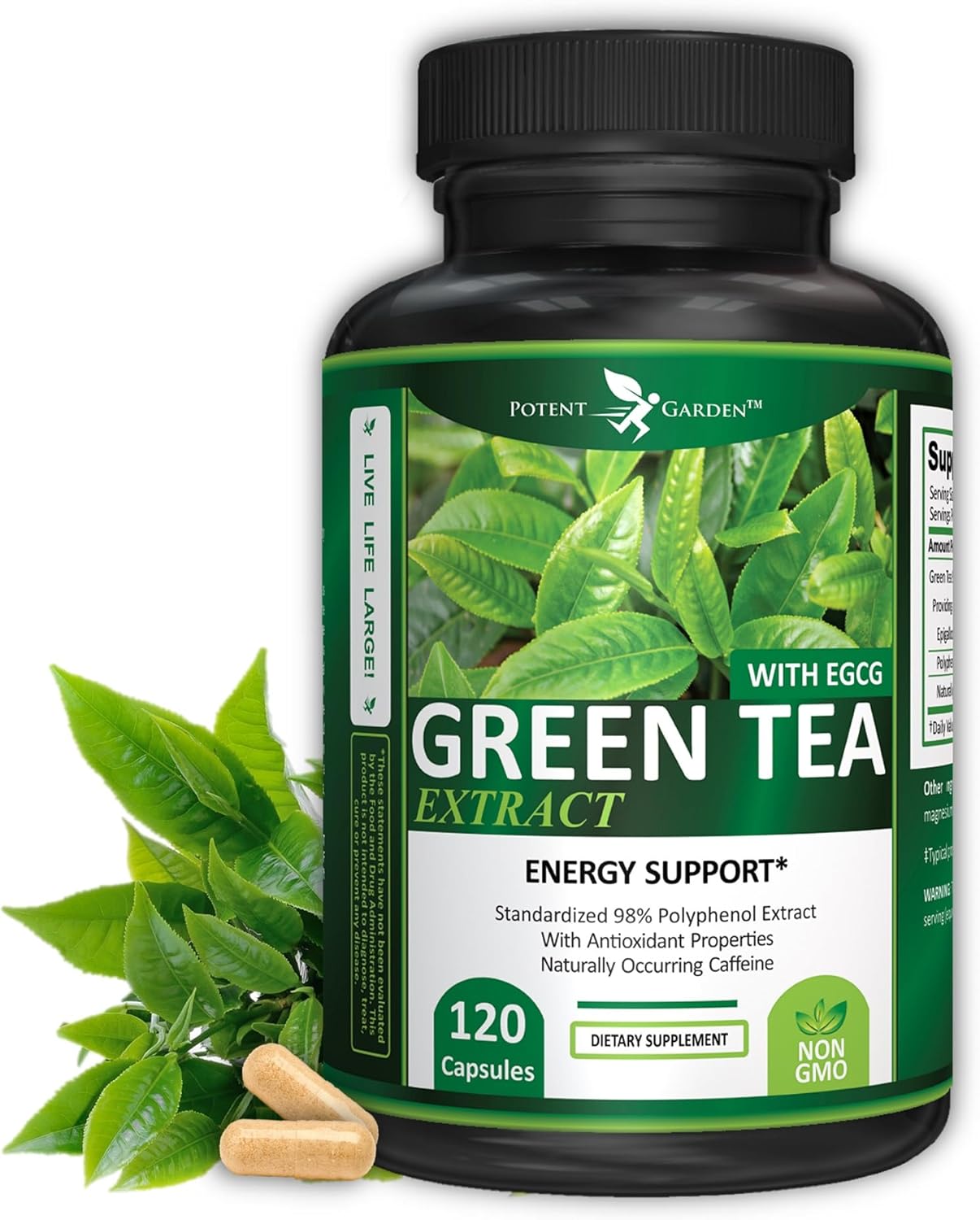 Green Tea Extract Capsules - Natural Energy, Mental Focus, Immune Support, Antioxidant, Healthy Heart - 120 Capsules