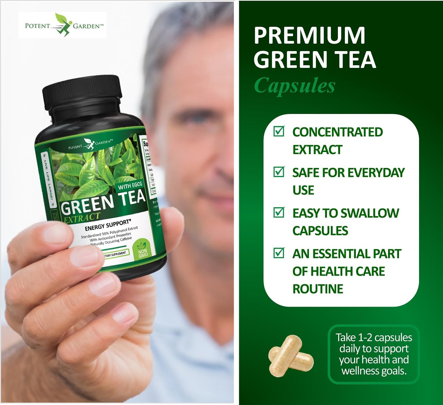 Green Tea Extract Capsules - Natural Energy, Mental Focus, Immune Support, Antioxidant, Healthy Heart - 120 Capsules