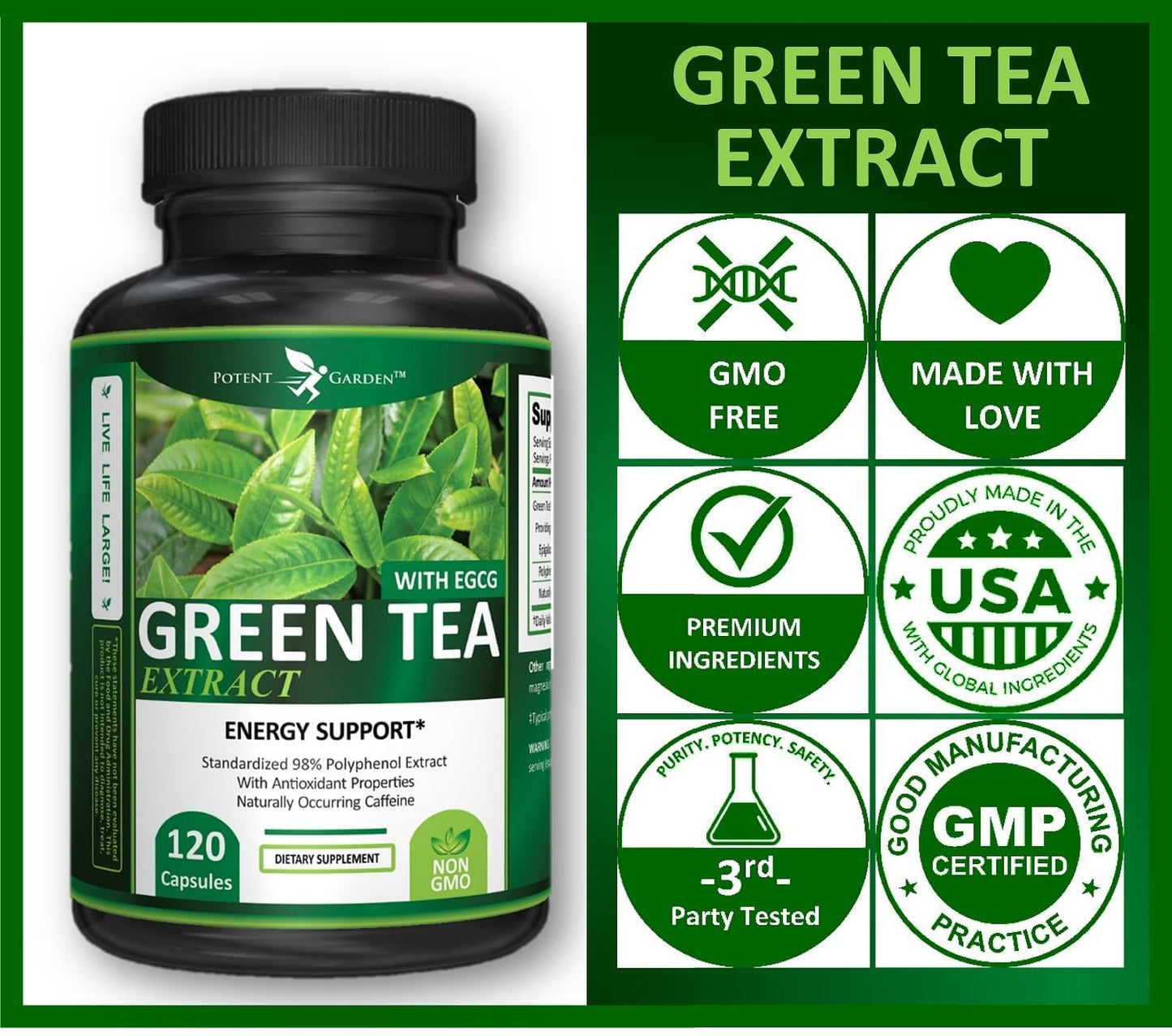 Green Tea Extract Capsules - Natural Energy, Mental Focus, Immune Support, Antioxidant, Healthy Heart - 120 Capsules