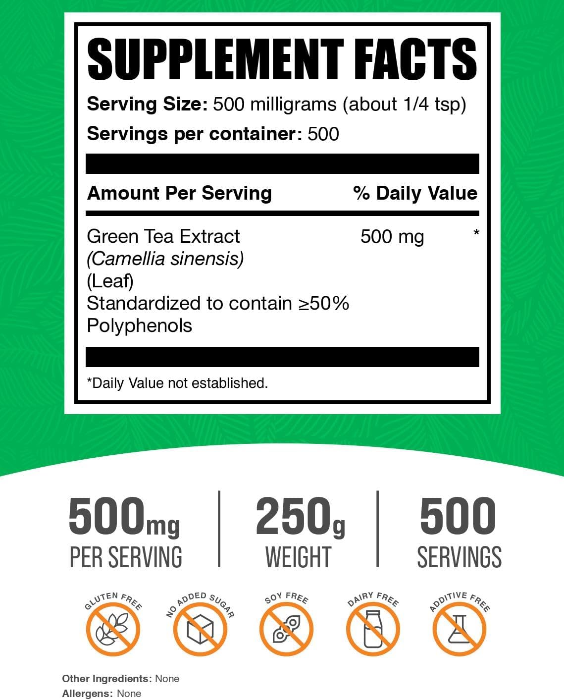 Green Tea Extract Powder - High Polyphenol Content, Herbal Supplement, Gluten-Free - 500mg per Serving, 250g (8.8 oz)