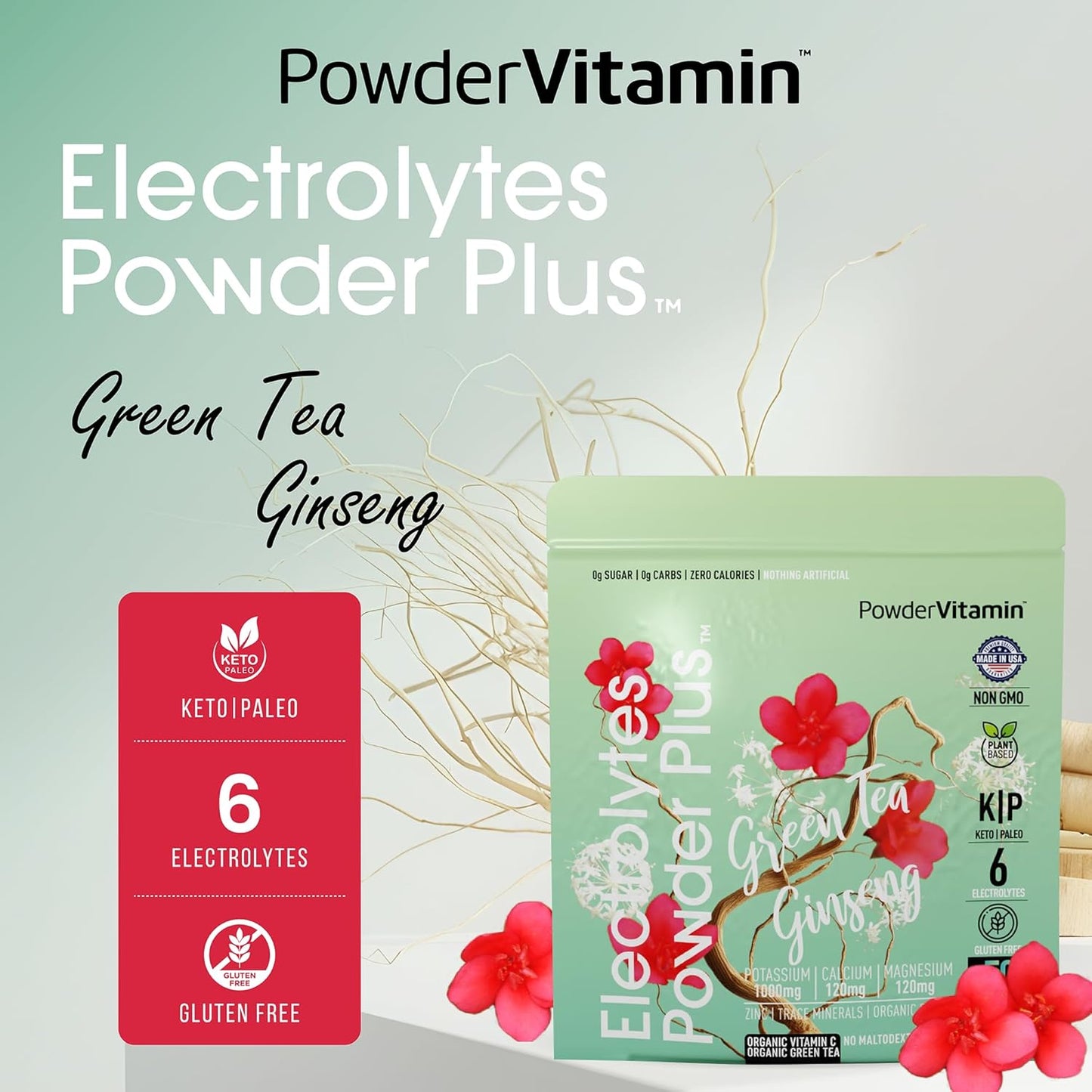 Green Tea Ginseng Electrolyte Powder with PowderVitamin - Keto-Friendly, Sugar-Free Hydration Powder with Pink Himalayan Salt, 1000mg Potassium, 120mg Calcium, 120mg Magnesium - 50 Servings