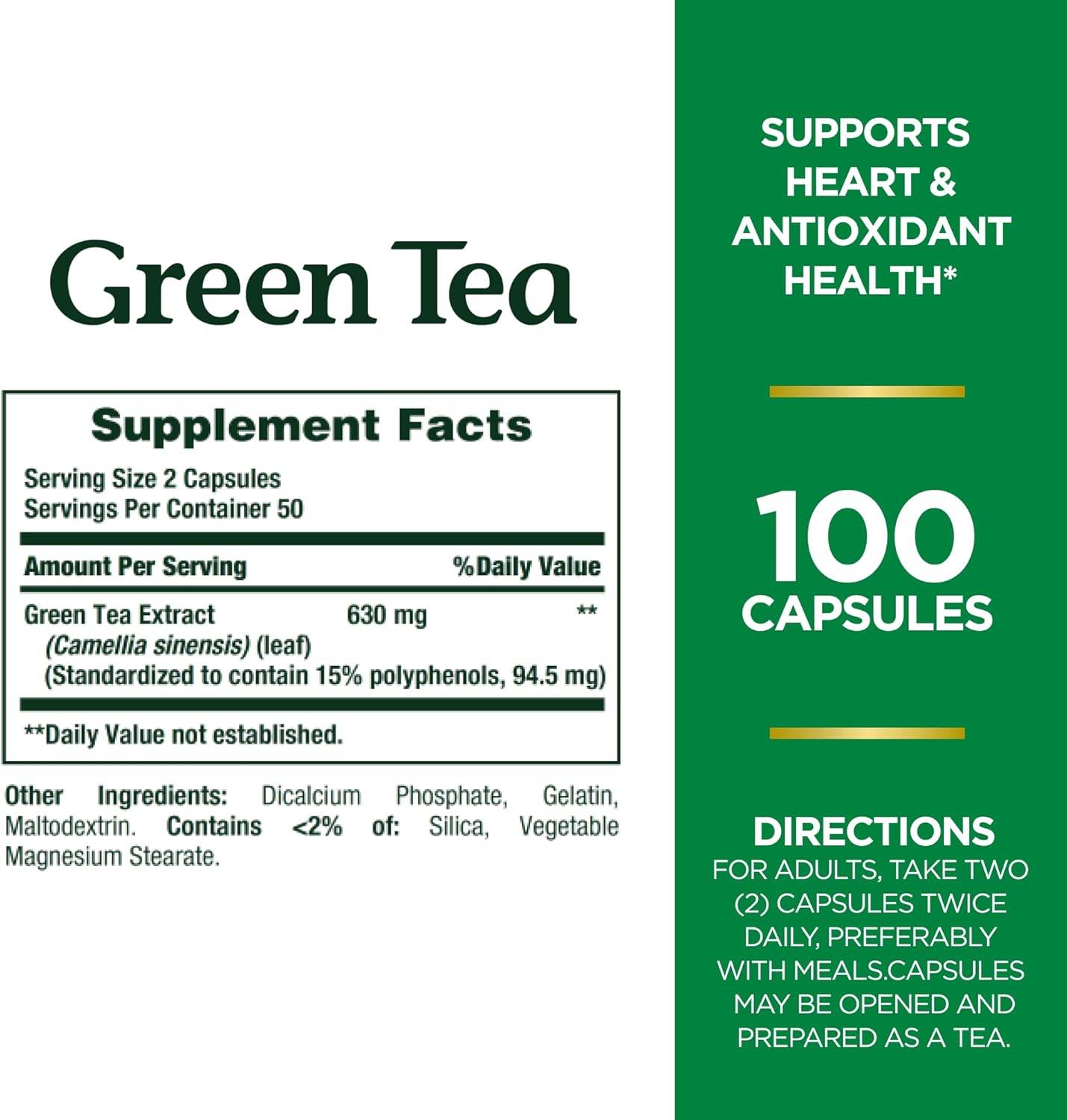 Green Tea Herbal Health Supplement Capsules, 315mg, 100 Count - Supports Heart & Antioxidant Health - Pack of 2