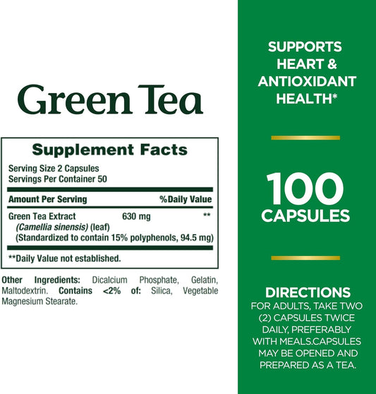 Green Tea Herbal Health Supplement Capsules, 315mg, 100 Count - Supports Heart & Antioxidant Health - Pack of 2