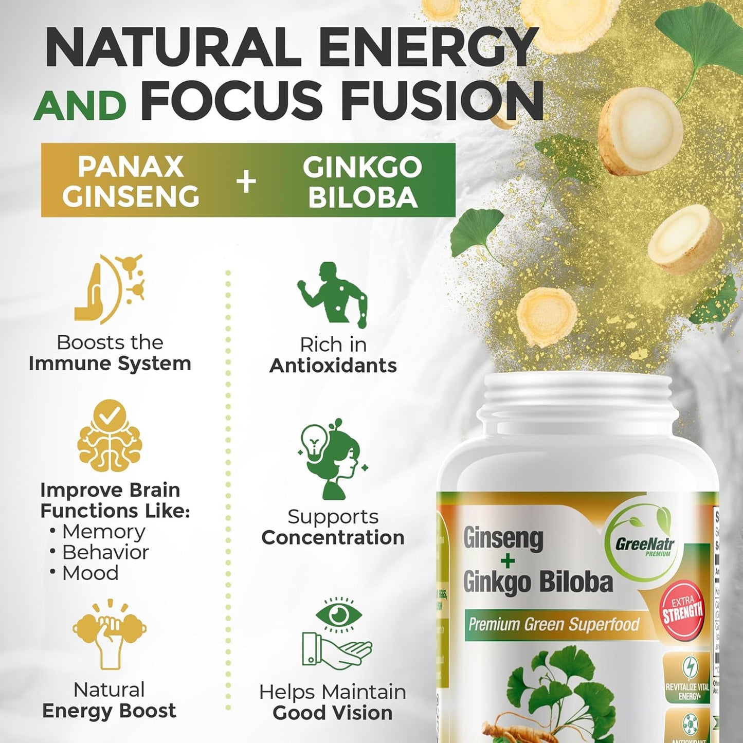 GreeNatr Ginkgo Biloba & Panax Ginseng Tablets for Memory, Focus, Vision, Immune System - 120 Count