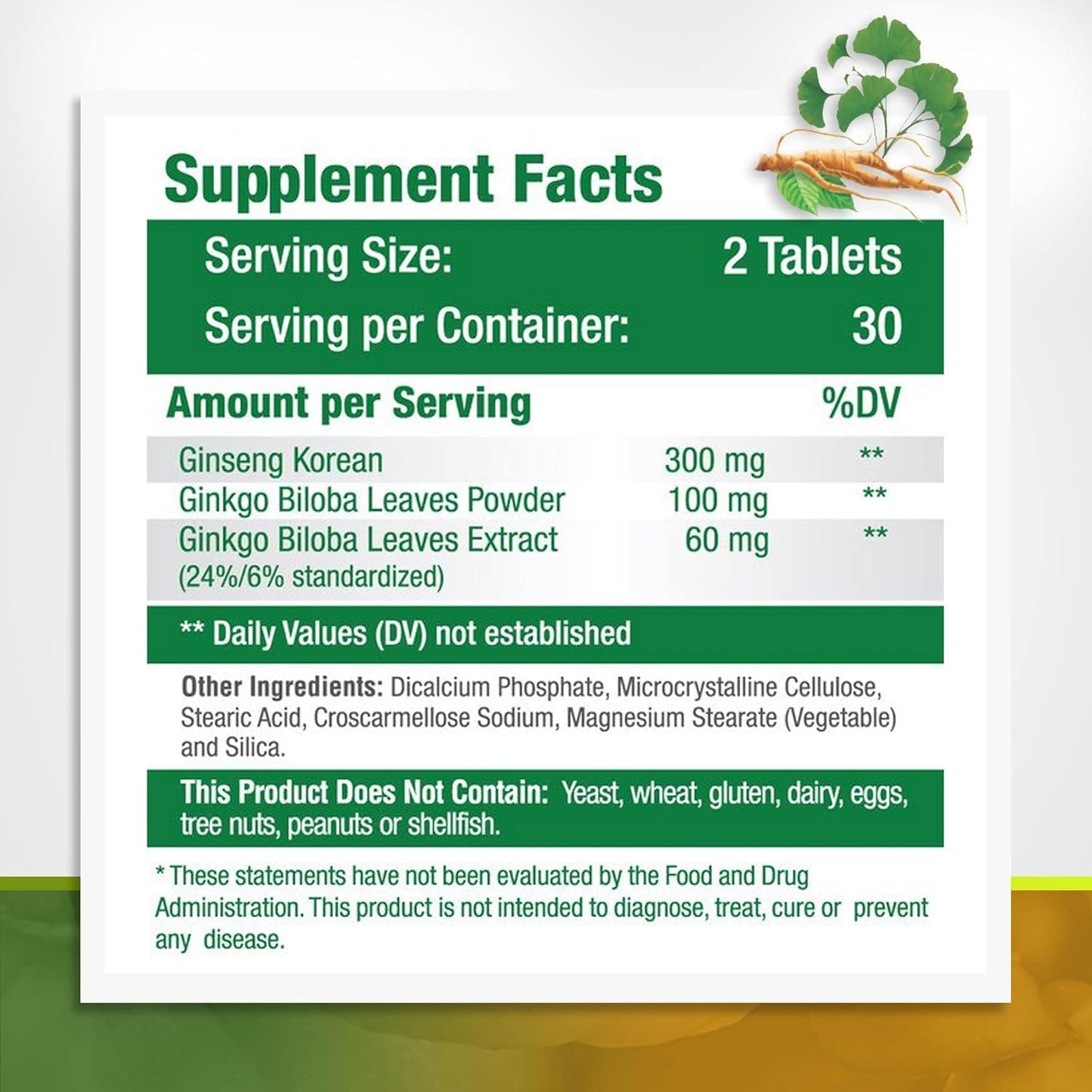 GreeNatr Ginkgo Biloba & Panax Ginseng Tablets for Memory, Focus, Vision, Immune System - 120 Count